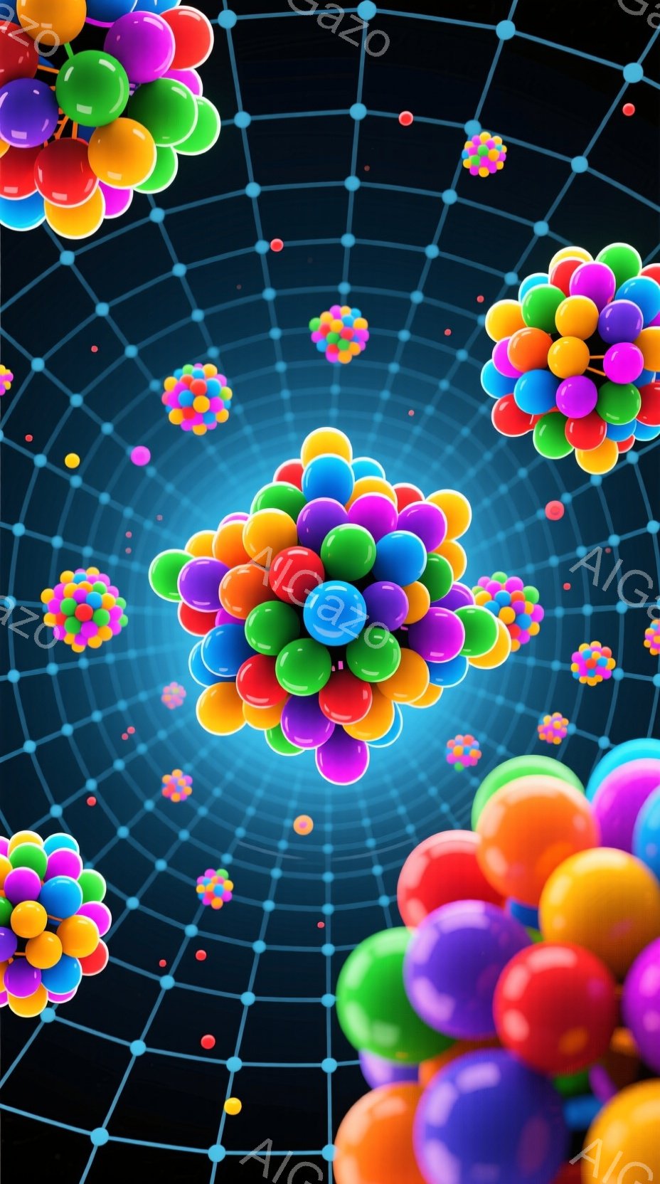鮮やかな色の球体が空間に散りばめられており、中心には特に大きな球体の集合体が存在します。背景は深い青色のグリッド状になっており、まるで宇宙空間や科学的な実験室のような雰囲気です。全体として、ポップでカラフルな抽象的なイメージであり、エネルギーや創造性を感じさせます。