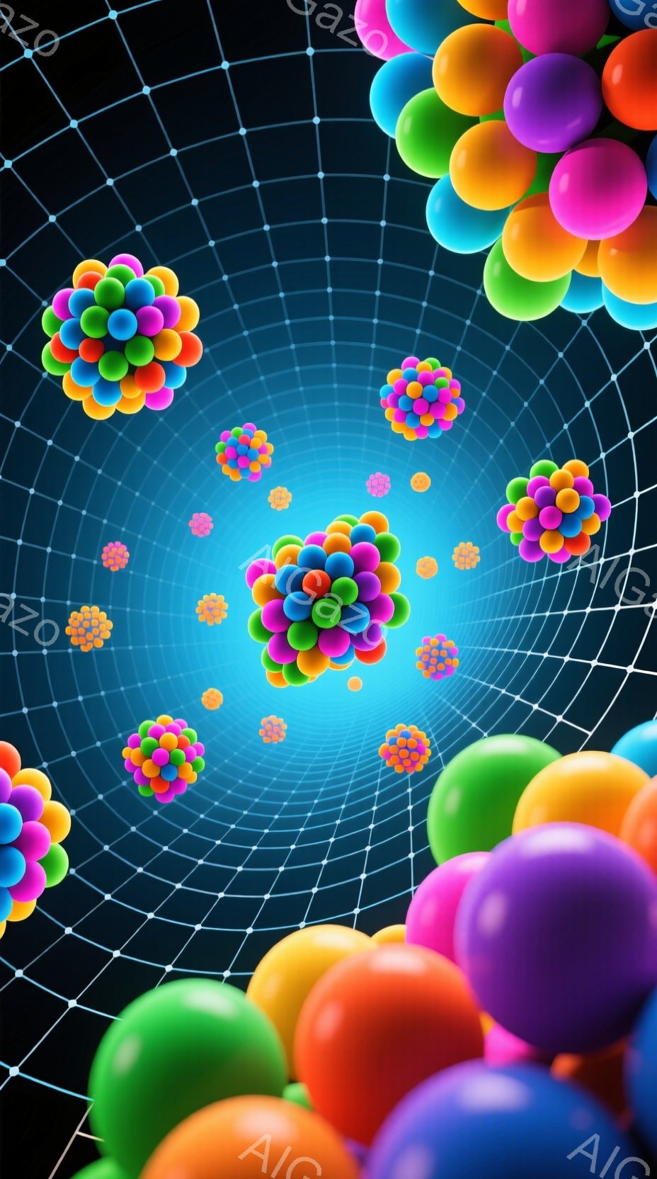 画像は、暗い背景に広がる、鮮やかな色の球体で構成されたトンネルのような空間を描いています。球体は赤、緑、紫、オレンジなど様々な色で光り輝き、まるで粒子のような印象を与えます。背景にはグリッド状の線が描 - AI生成フリー素材