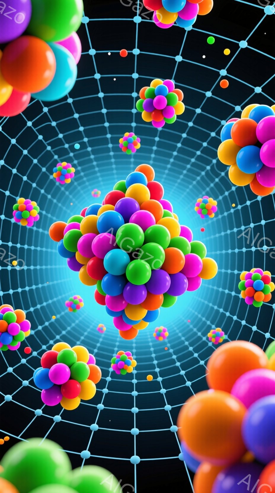 鮮やかな色の球体が多数、黒い背景に網目状の光の線が伸びる空間に浮かんでいます。中心には虹色の球体のクラスターが大きく、周囲には小さな球体が散らばり、まるで原子や分子を連想させるような構成となっています - AI生成フリー素材