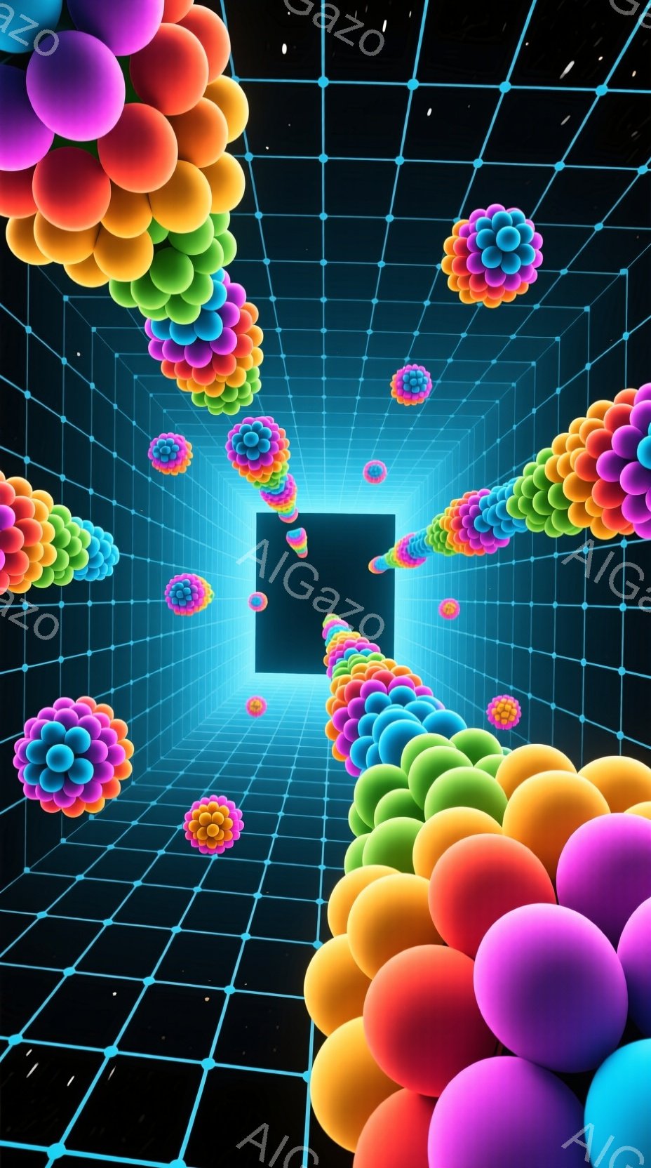 この画像は、鮮やかな球体で構成されたトンネルのような空間を描いています。球体は赤、オレンジ、黄色、緑、青、紫と虹色に輝き、グリッド状の青い線で区切られた無限に続く廊下を形成しています。遠くには暗い正方形の空間が見え、未来的な、夢幻的な雰囲気を醸し出しています。