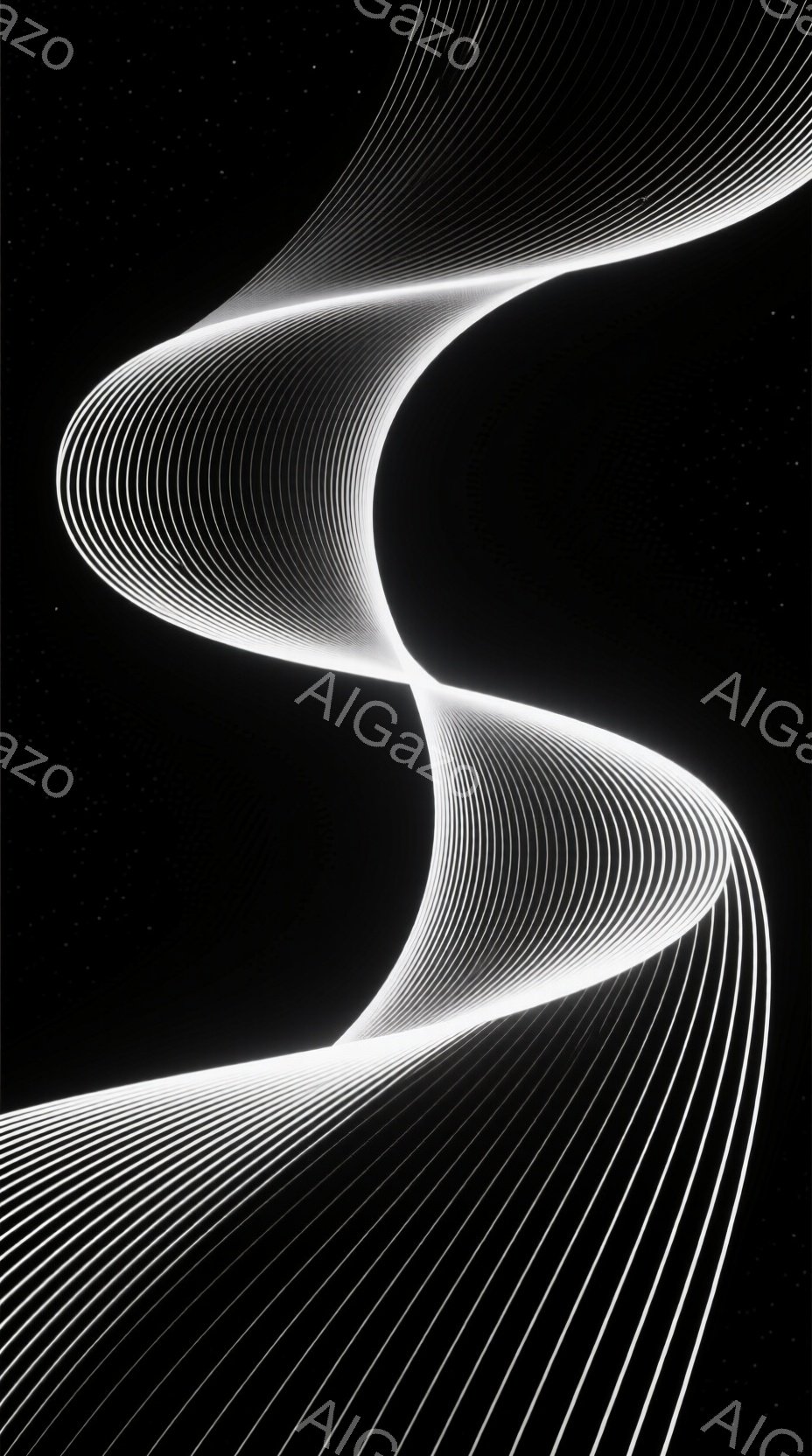 画像は、暗黒の背景に浮かび上がる、光の線が織りなす抽象的な造形物です。無数の白い光の線が、まるで生き物のようにうねり、複雑なパターンを描き出しています。全体的に未来的な雰囲気があり、神秘的で幻想的な印象を与えます。