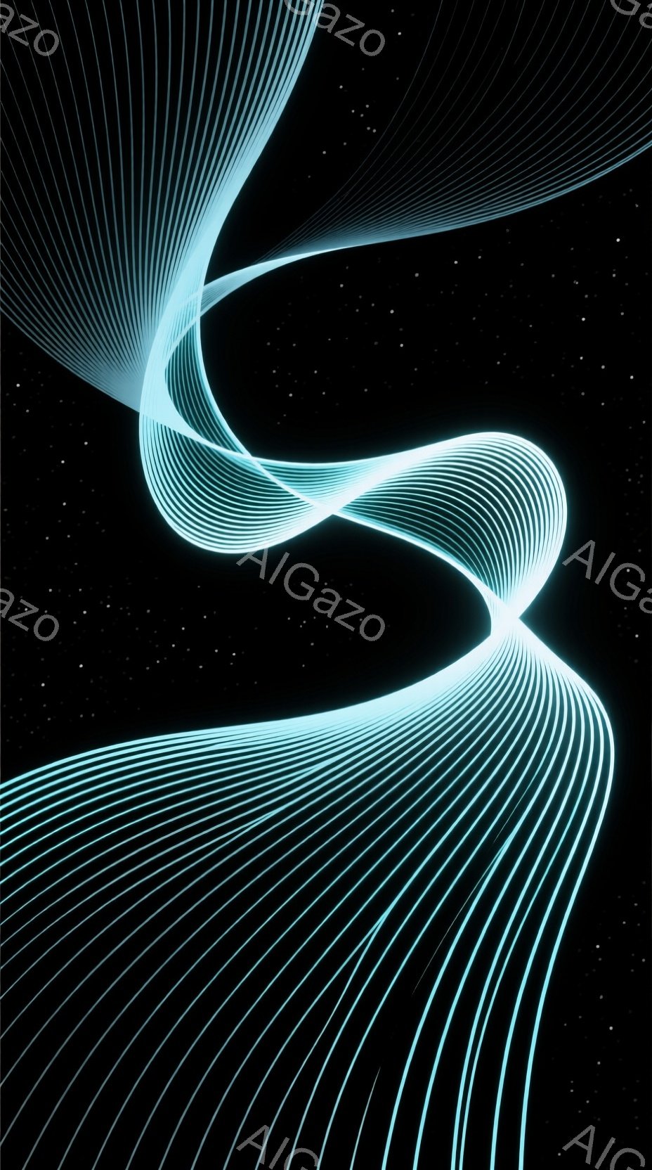 鮮やかな水色の線が、暗黒の背景をねじれながら流れています。線は細く、まるで光の軌跡のようで、未来的な印象を与えます。背景には、かすかに星のような点が散りばめられており、宇宙空間を連想させます。 - AI生成フリー素材