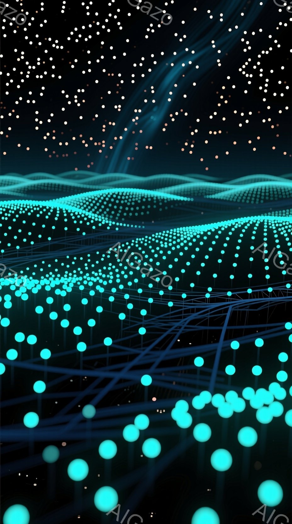 この画像は、暗い背景に浮かぶ無数の青い光の球体と線で構成されています。球体は、徐々に遠ざかるにつれて小さくなり、奥行きと広がりを感じさせます。全体的に、未来的なデジタル空間や、星空のような幻想的な雰囲気を醸し出しています。