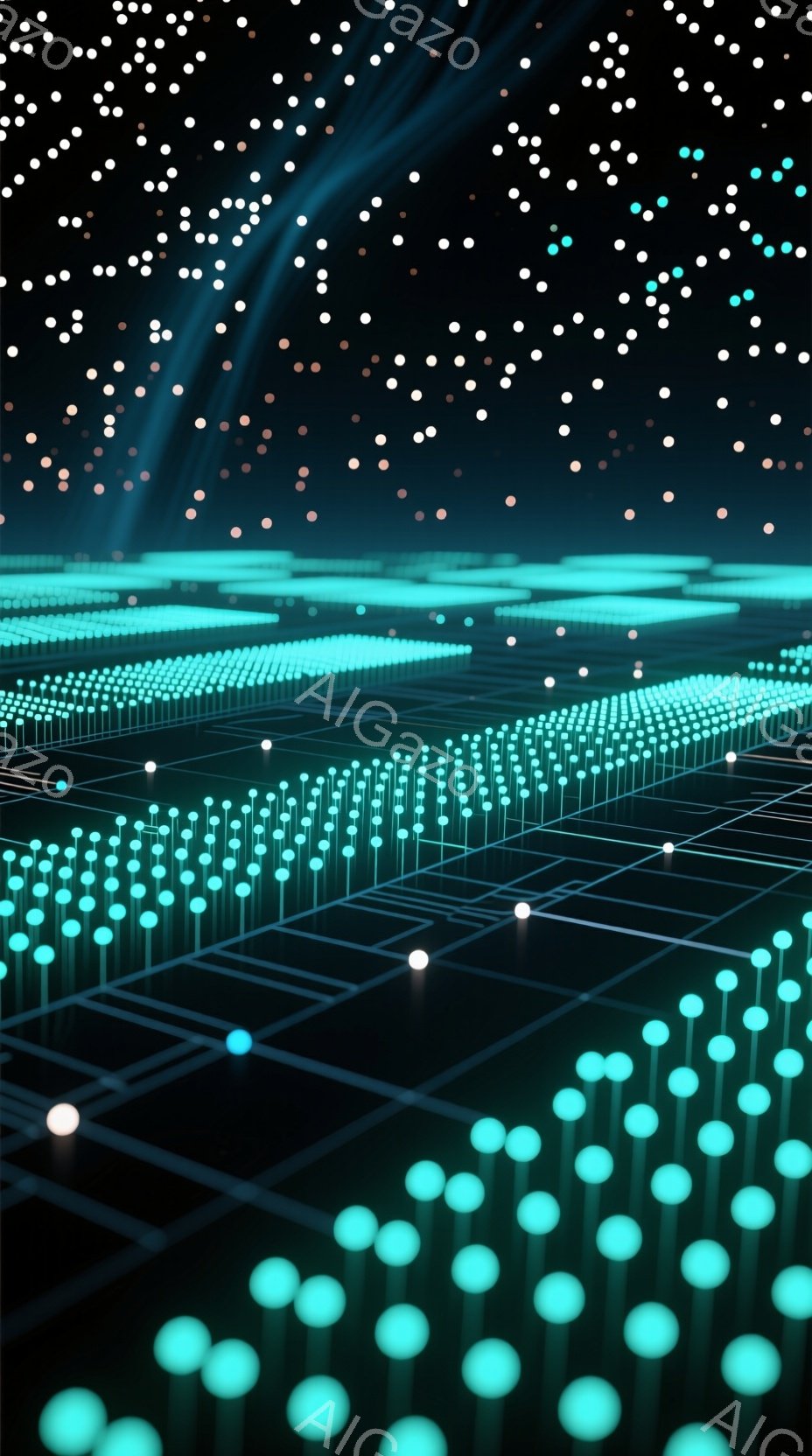 この画像は、暗い背景に浮かぶ発光する球体と線で構成された未来的な風景を描いています。球体と線はグリッド状に配置され、遠近感を作り出し、奥行きのあるデジタル空間を表現しています。全体的に、サイバーパンクや仮想現実を想起させる、神秘的で没入感のある雰囲気が漂っています。