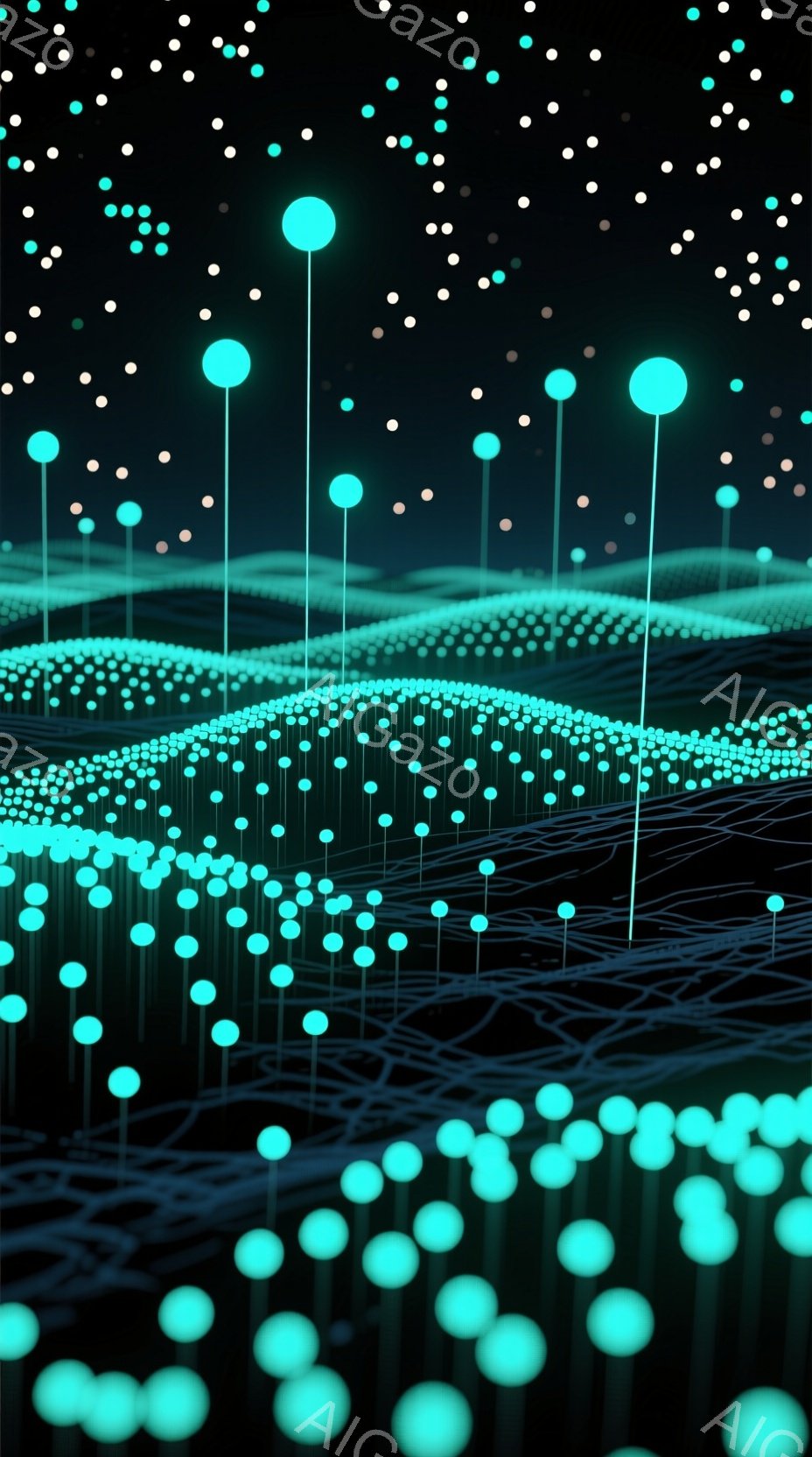 深い闇の中に、無数の光る球体が浮かび上がっています。それらは細い線で繋がれており、まるで光のネットワークが地表に広がっているような印象を与えます。全体的に神秘的で未来的な雰囲気を持ち、暗闇の中に浮かぶ光が幻想的な空間を作り出しています。