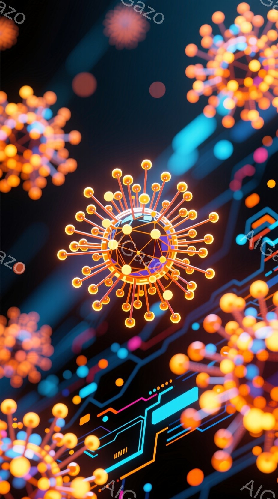 この画像は、暗い背景に浮かぶ、複雑な構造を持つ球体の集合体を描いています。球体はオレンジ色や黄色の小さな光の粒子で構成され、互いに線で結ばれており、まるでウイルスのような外観です。背景には、明るい青色 - AI生成フリー素材