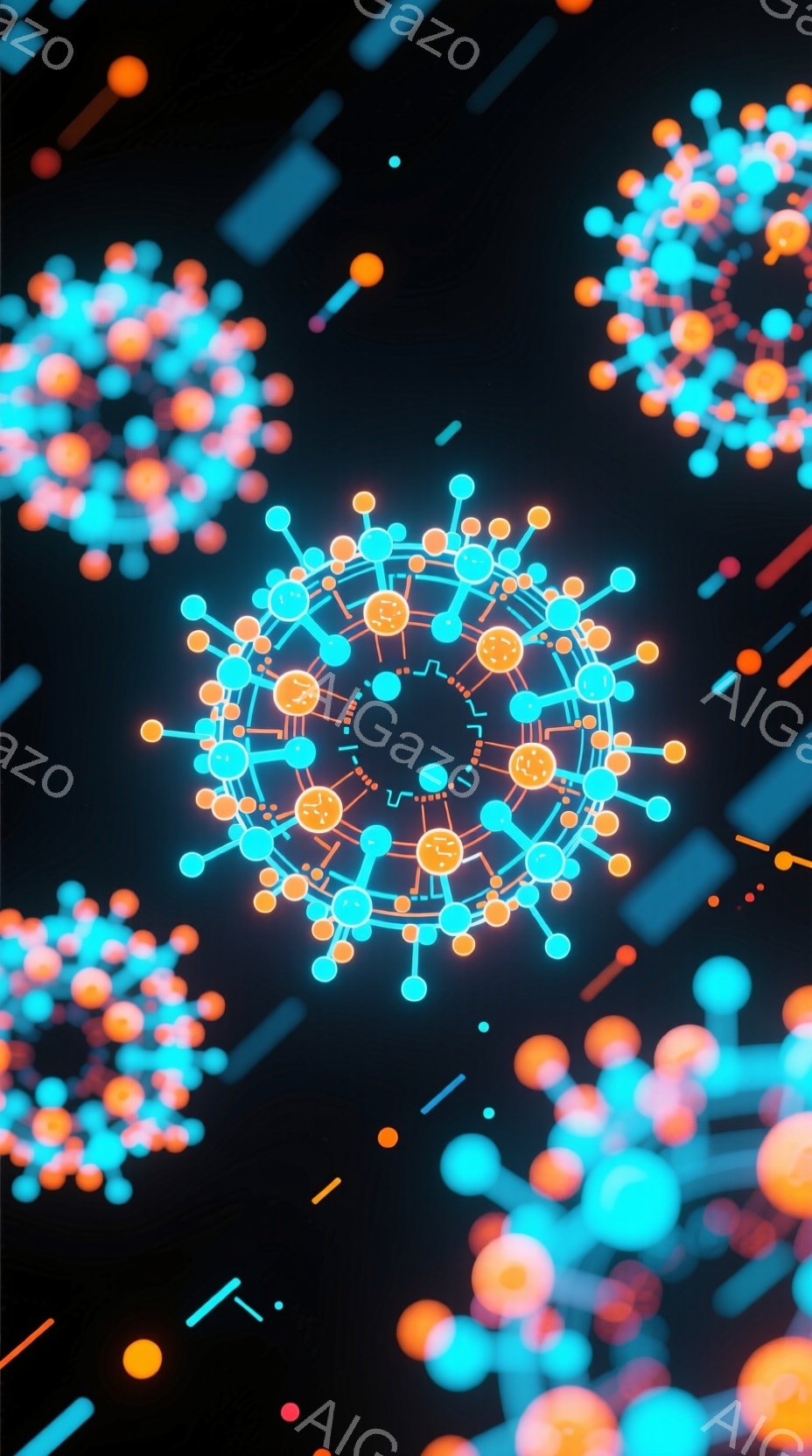 この画像は、暗い背景に浮かぶウイルスのような構造体の集合を示しています。鮮やかなオレンジとターコイズブルーの球体が線で繋がっており、複雑な網の目のような形状をしています。全体的に、科学的で少し不気味な雰囲気を醸し出しており、病原体や感染症を連想させます。