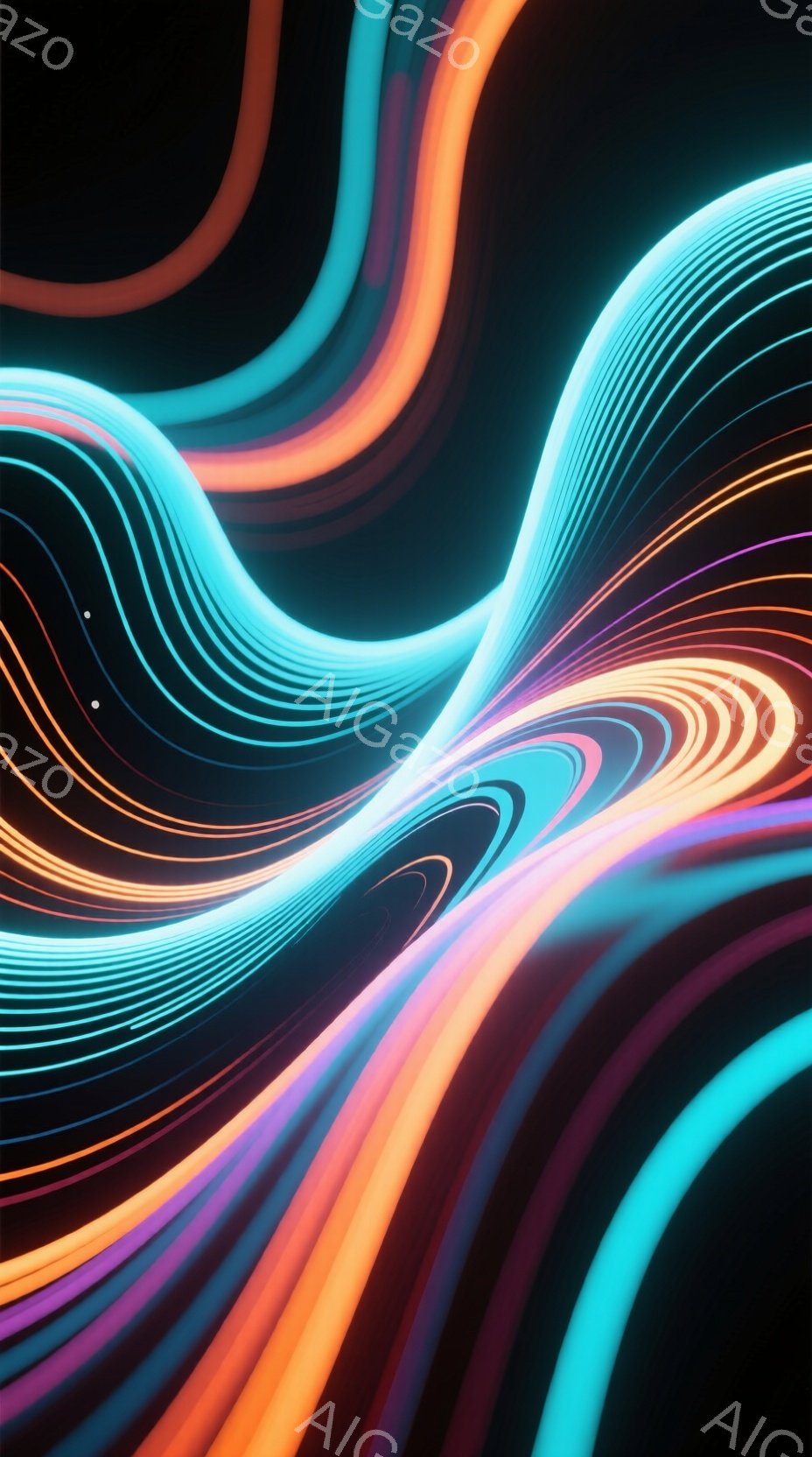 鮮やかな光の帯が、暗い背景を曲線的に舞い、流れるような印象を与える抽象的な画像である。オレンジ、ピンク、青、紫などの色が混ざり合い、光の軌跡が重なり合うことで、奥行きと動きが表現されている。この画像は、力強さと優雅さを兼ね備え、見る人に幻想的な感覚を与える。