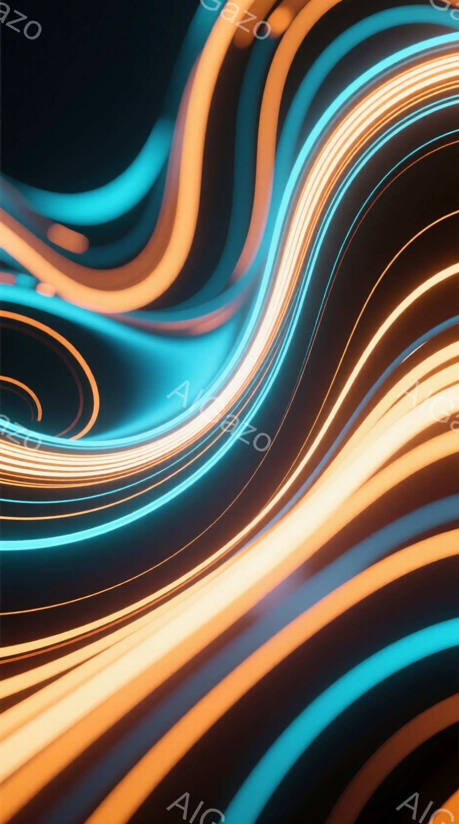 鮮やかなオレンジと水色の光の線が絡み合い、抽象的な模様を作り出しています。線は流れるように曲がり、まるでエネルギーの流れや光の軌跡を表現しているかのようです。背景は暗く、光の線が際立って見えます。 - AI生成フリー素材