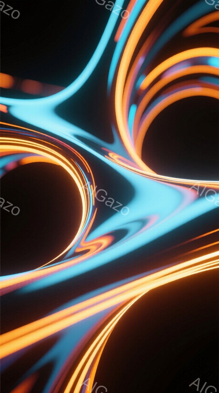鮮やかなオレンジと青色の光の線が、暗い背景の中で複雑に絡み合っている。光の線は流れるように曲線を描き、まるでエネルギーの流れや光の軌跡を表現しているかのようだ。全体的に未来的な雰囲気で、速度感と躍動感を感じさせる抽象的なイメージである。