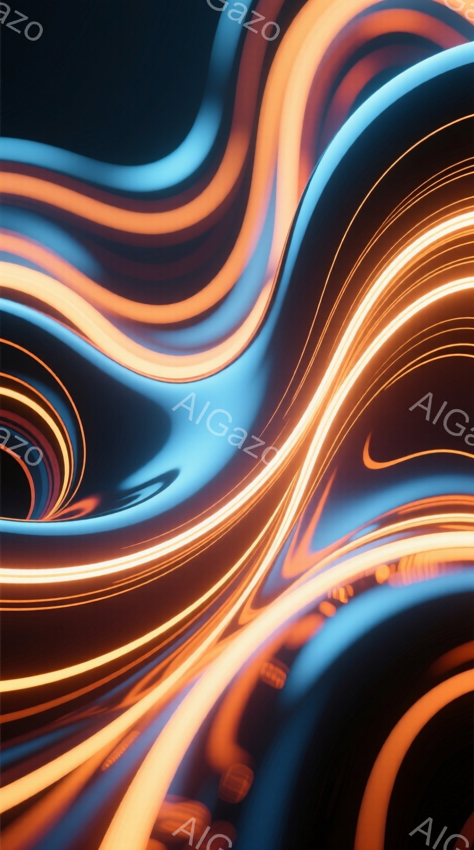 この画像は、鮮やかなオレンジと青の光の線が渦巻く抽象的な表現です。光線は流れるように絡み合い、奥行きと動きを感じさせます。暗い背景が光の鮮やかさを際立たせ、幻想的で未来的な雰囲気を醸し出しています。 - AI生成フリー素材