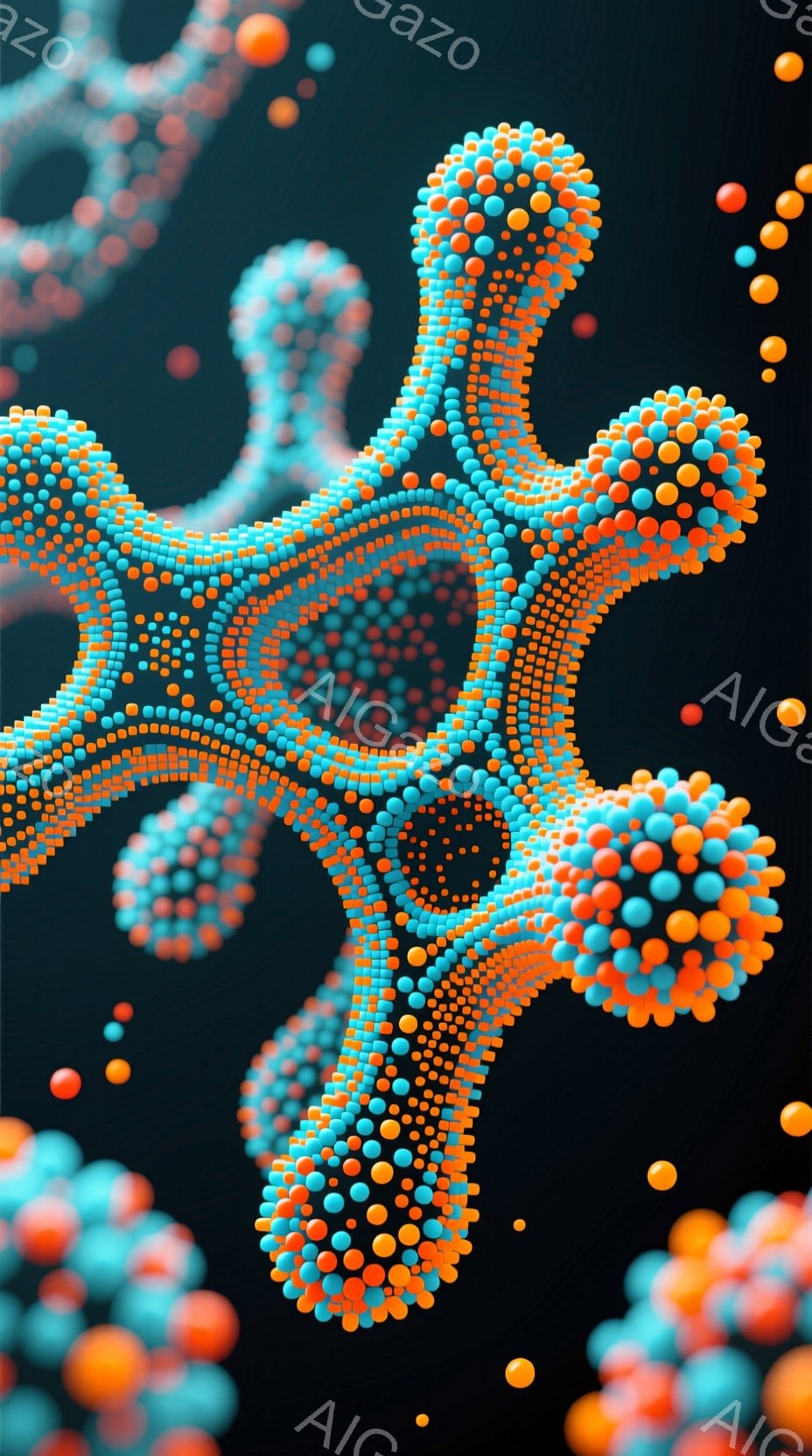 この画像は、オレンジと水色の小さな球体が密集して複雑な模様を形成した抽象的な表現です。球体はまるで細胞やウイルスのような有機的な形を作り出し、暗い背景に浮かび上がっています。 全体的に、科学的または生命体的なイメージを想起させる、神秘的で抽象的な雰囲気です。