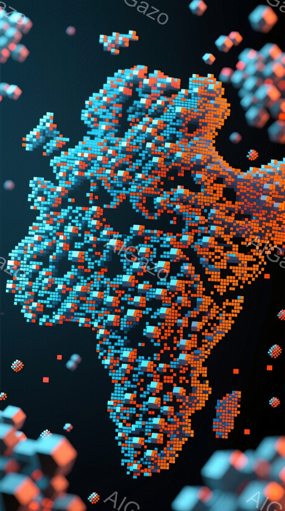 この画像は、オレンジと青の小さな立方体で構成された抽象的な人物像を描いています。像は、顔や髪の毛といった明確な特徴はなく、全体として流動的で分解されているような印象を与えます。背景は暗く、漂う立方体によって、まるでデジタル空間に存在するオブジェのような雰囲気が醸し出されています。