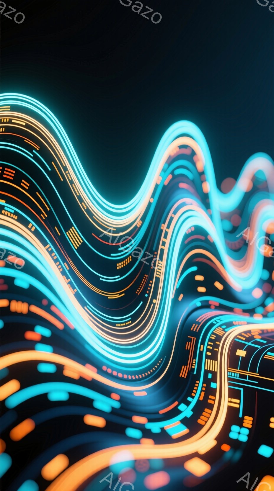 画像は、ネオンカラーの光の線が複雑に絡み合い、流れるような抽象的な模様を描き出しています。鮮やかなオレンジ、青、黄色の光が、暗い背景の中で未来的なエネルギーを感じさせます。全体的に、デジタルアートやサ - AI生成フリー素材