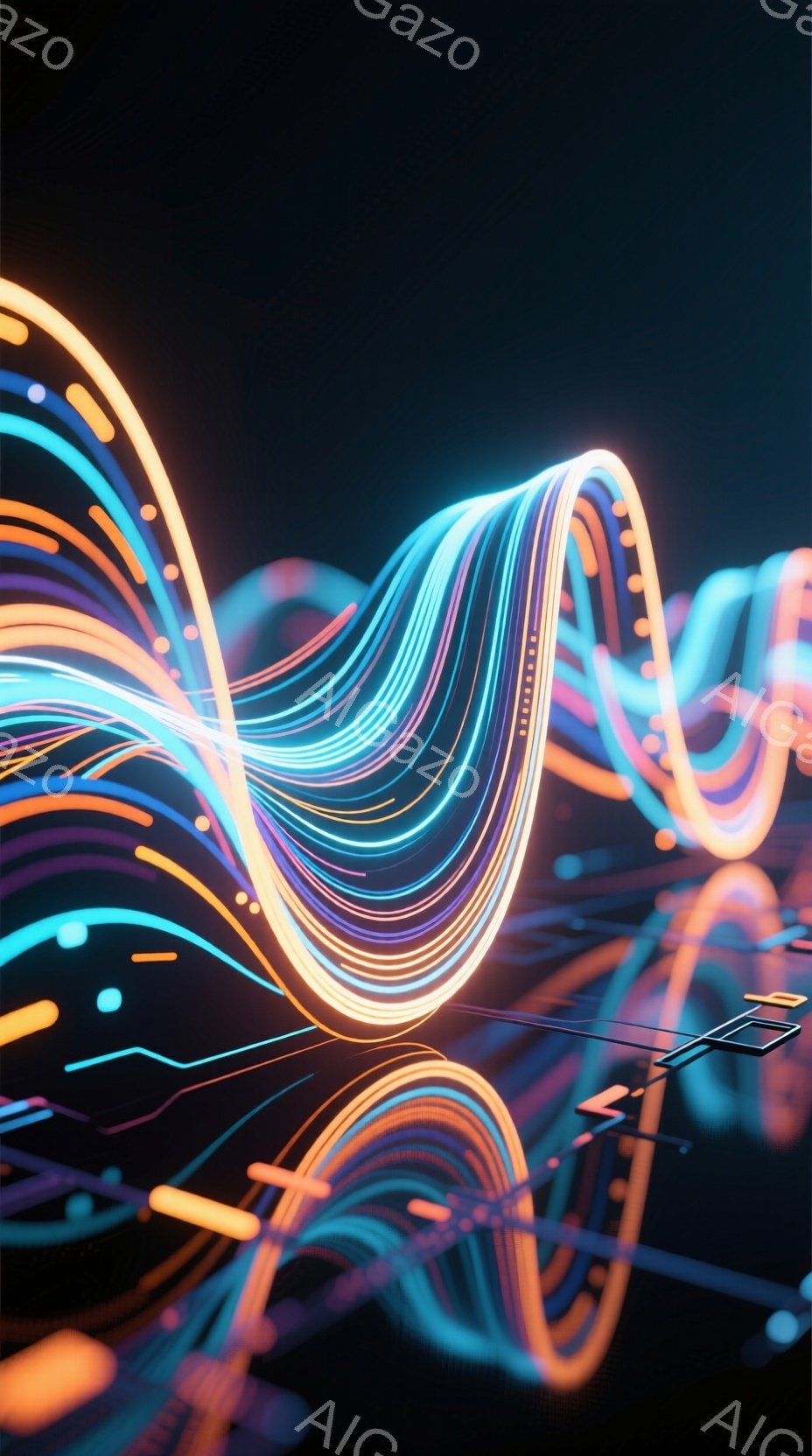 鮮やかなネオンカラーの光の線が、暗い背景の中で複雑に絡み合い、未来的なエネルギーの流れを表現している。線はオレンジ、青、紫など様々な色合いを持ち、光の軌跡が流れるような躍動感を生み出している。全体とし - AI生成フリー素材