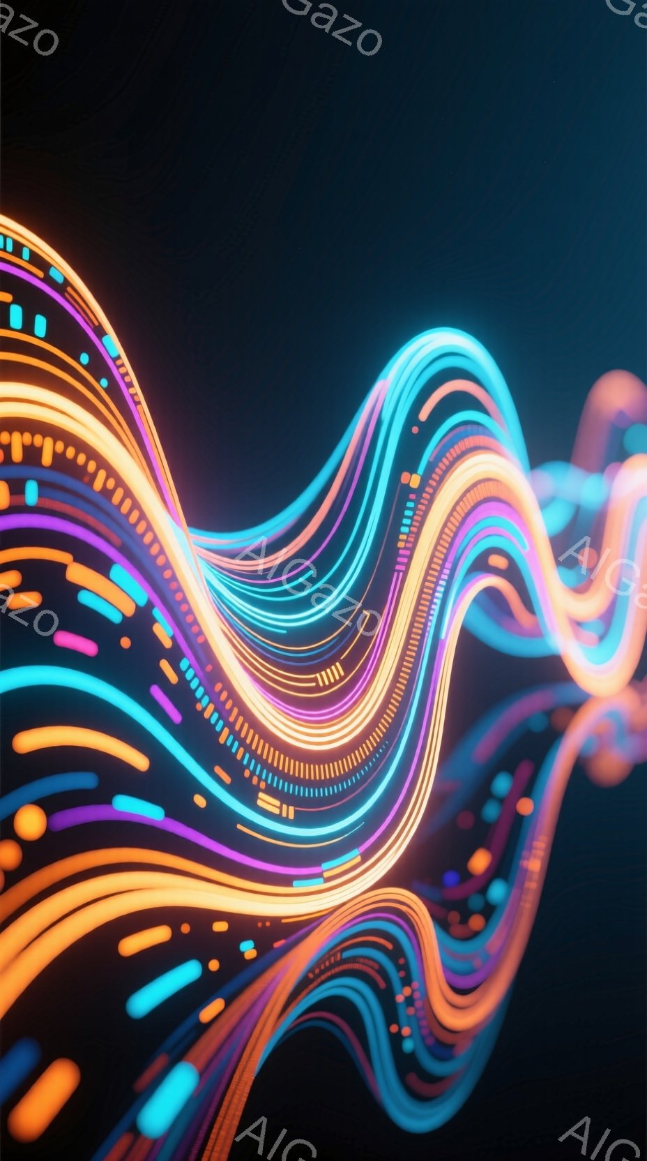 鮮やかなネオンカラーの線が、暗い背景に流れるように広がっている抽象的な画像です。線は曲線的で、様々な色合いが混ざり合い、光の粒子が散りばめられているように見えます。全体的に未来的な雰囲気で、エネルギー - AI生成フリー素材