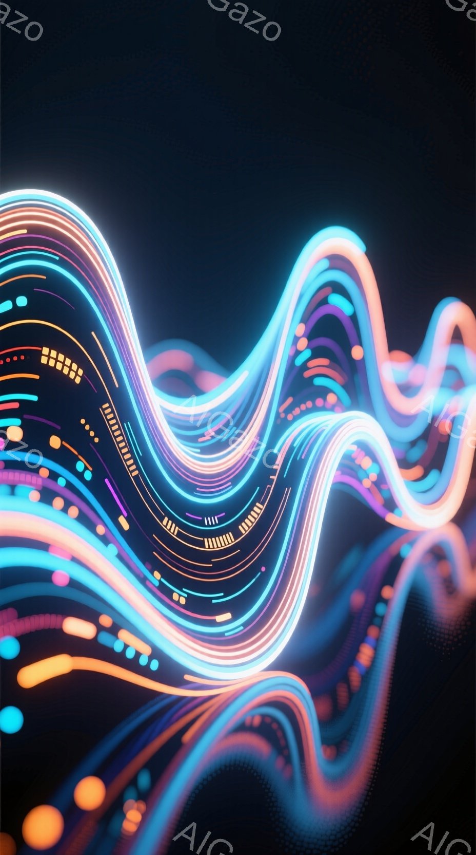 鮮やかなネオンカラーの線が、暗い背景を複雑に絡み合いながら流れています。オレンジ、ピンク、水色の線が、まるでエネルギーの流れのように躍動感を表現しており、光の粒子が散りばめられています。全体的に近未来 - AI生成フリー素材