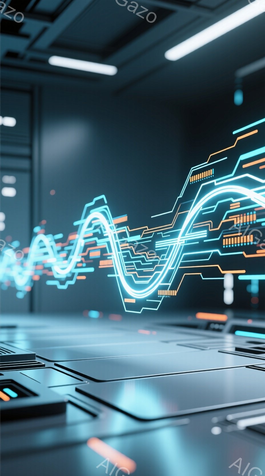 この画像は、未来的な青色の電子回路が浮かび上がる、抽象的なデジタル空間を描いています。床面には、同様の青色発光の回路パターンが複雑に配置され、薄暗い背景と相まって、高度なテクノロジーと静寂の雰囲気を醸 - AI生成フリー素材