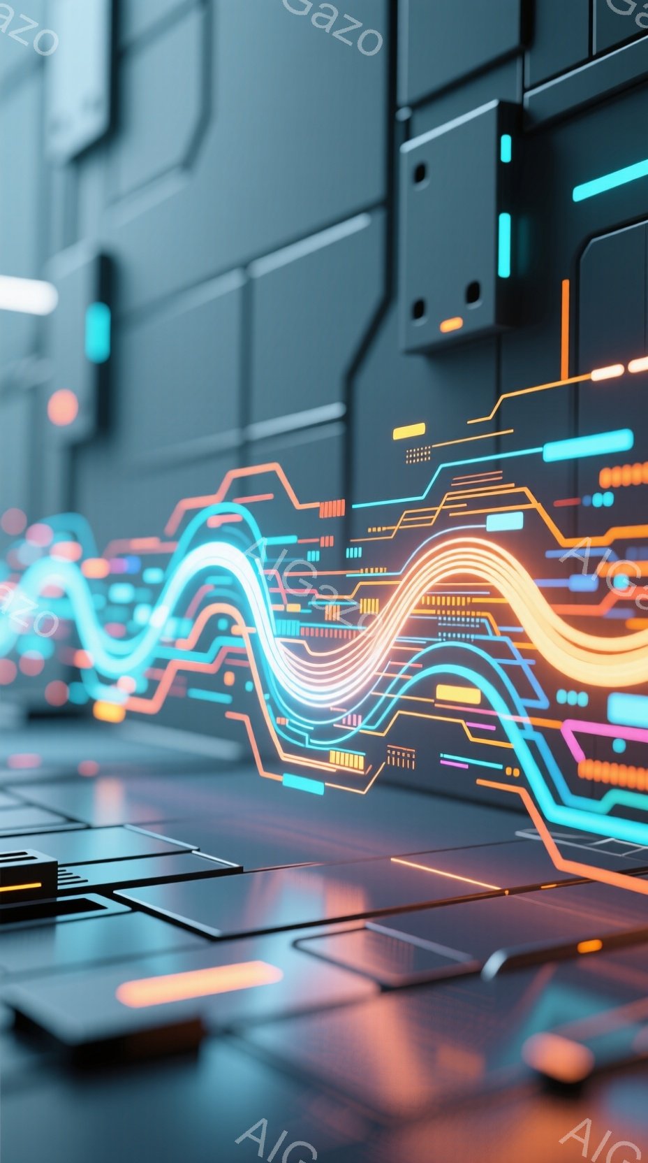 この画像は、未来的な回路が複雑に絡み合った抽象的な光景を描いています。鮮やかなオレンジ、青、紫色の光が、滑らかな反射面を持つ暗い背景に浮かび上がり、高度な技術とエネルギーの流れを暗示しています。全体的に、クールで洗練された雰囲気で、サイバーパンクやデジタル世界のイメージを想起させます。