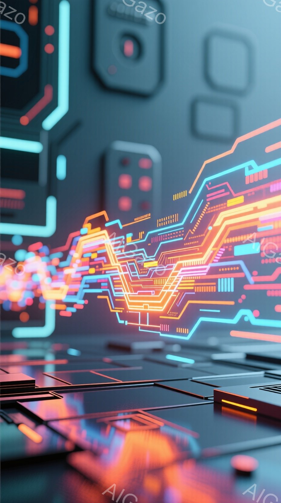 この画像は、鮮やかなネオンカラーの回路パターンが特徴的な、未来的な背景画像です。黒色の立体的なプラットフォーム上に、オレンジ、青、ピンクの光る線が複雑に組み合わさり、光沢のある反射面が未来都市の精密さを強調しています。全体的に、技術革新とデジタル世界の先進性を表現した、洗練されたサイバーパンクな雰囲気が漂っています。