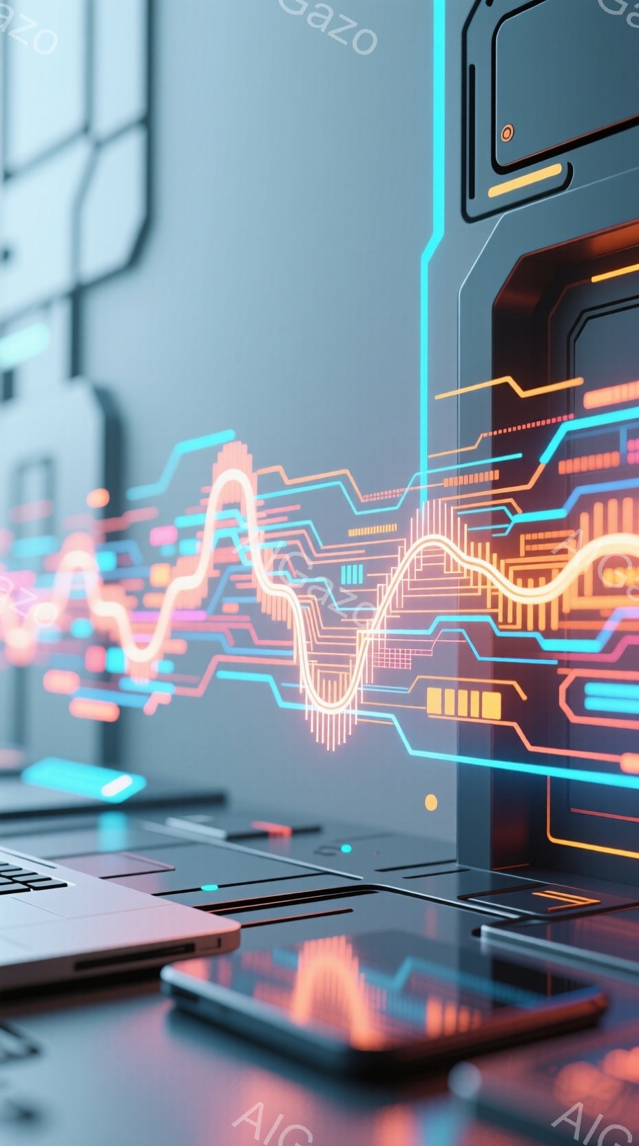 この画像は、キーボードの一部とスマートフォンが前景にぼやけて表示され、背後に複雑な青とオレンジ色の光のネットワークが浮かび上がっています。光のネットワークは未来的なインターフェースのような形をしており、テクノロジーと接続性を連想させます。全体的に、鮮やかな色彩と抽象的なデザインが、先進的で革新的な雰囲気を醸し出しています。