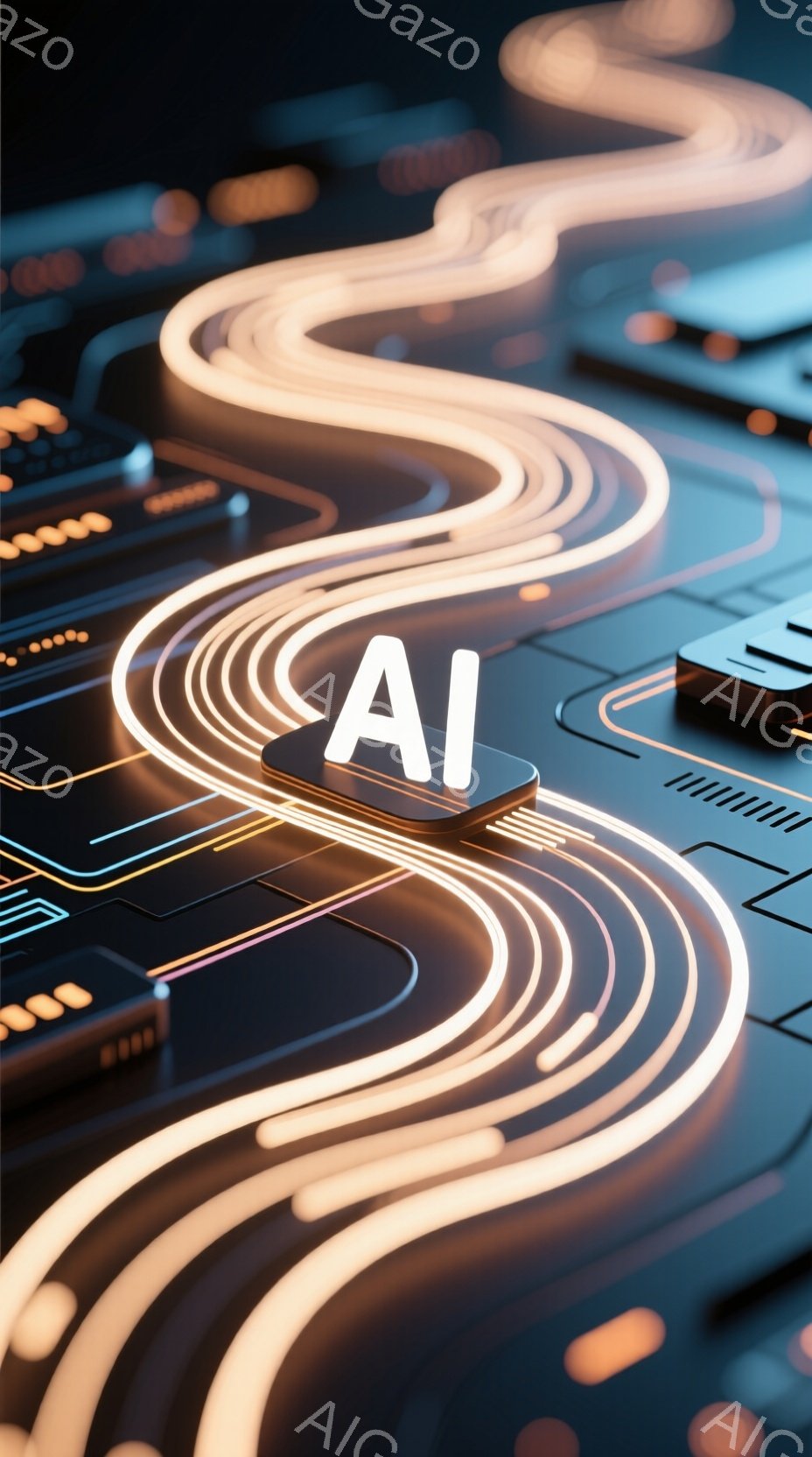 この画像は、暗い背景に、AIと書かれた光る立方体が、複雑な回路のような光の線で飾られています。光の線は、鮮やかなオレンジ色と白で、回路基板を連想させるパターンで、未来的な印象を与えます。全体的に、テクノロジーと人工知能を象徴する、洗練された抽象的なイメージです。
