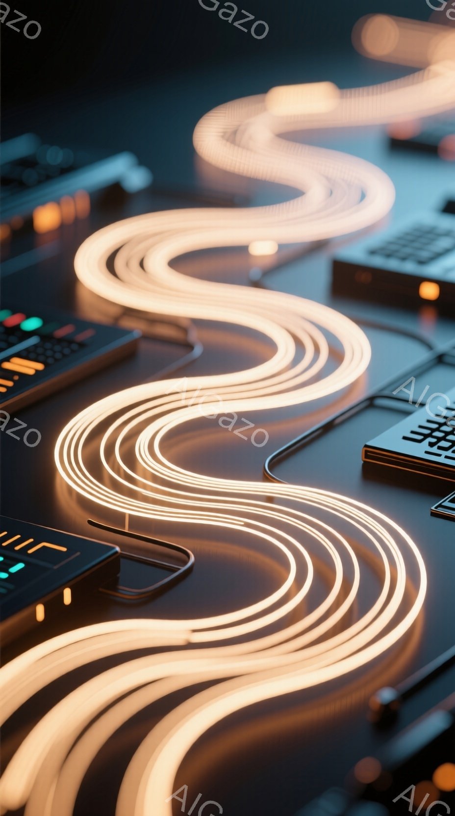 暗い背景に、光る細長い帯のようなものが蛇行しながら配置されています。帯の周りには、黒い電子機器らしきものがいくつか見え、未来的な雰囲気を醸し出しています。 全体的に、テクノロジーと光をテーマにした抽象的なイメージです。