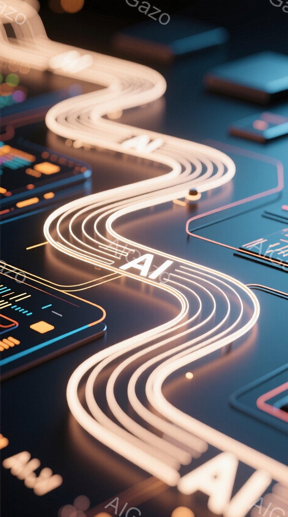 鮮やかなネオンライトのような線が、黒い背景に浮かび上がる抽象的な画像です。線は光の軌跡のように湾曲しており、「AI」という文字が一部に可視化されています。全体的に未来的なテクノロジーを連想させる、クールで洗練された雰囲気です。