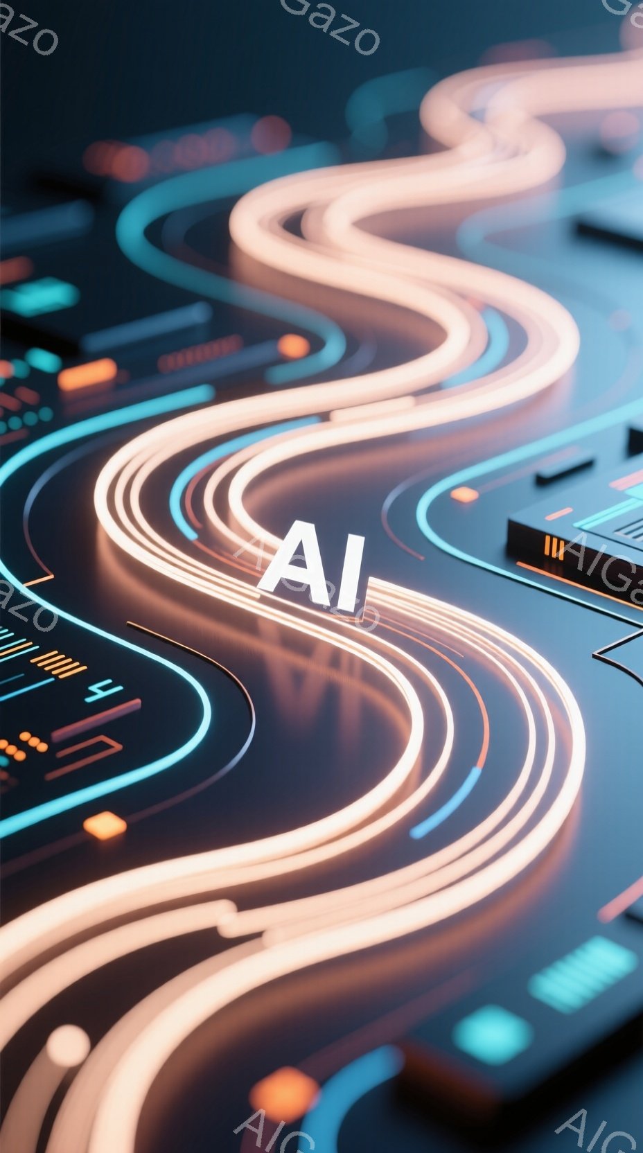 光の線が複雑に絡み合い、未来的な回路基板のような背景を形成している。鮮やかなオレンジ、青、白の光が、暗い背景の中で力強く輝き、人工知能（AI）という文字が中心に浮かび上がる。全体的に、テクノロジーの進 - AI生成フリー素材