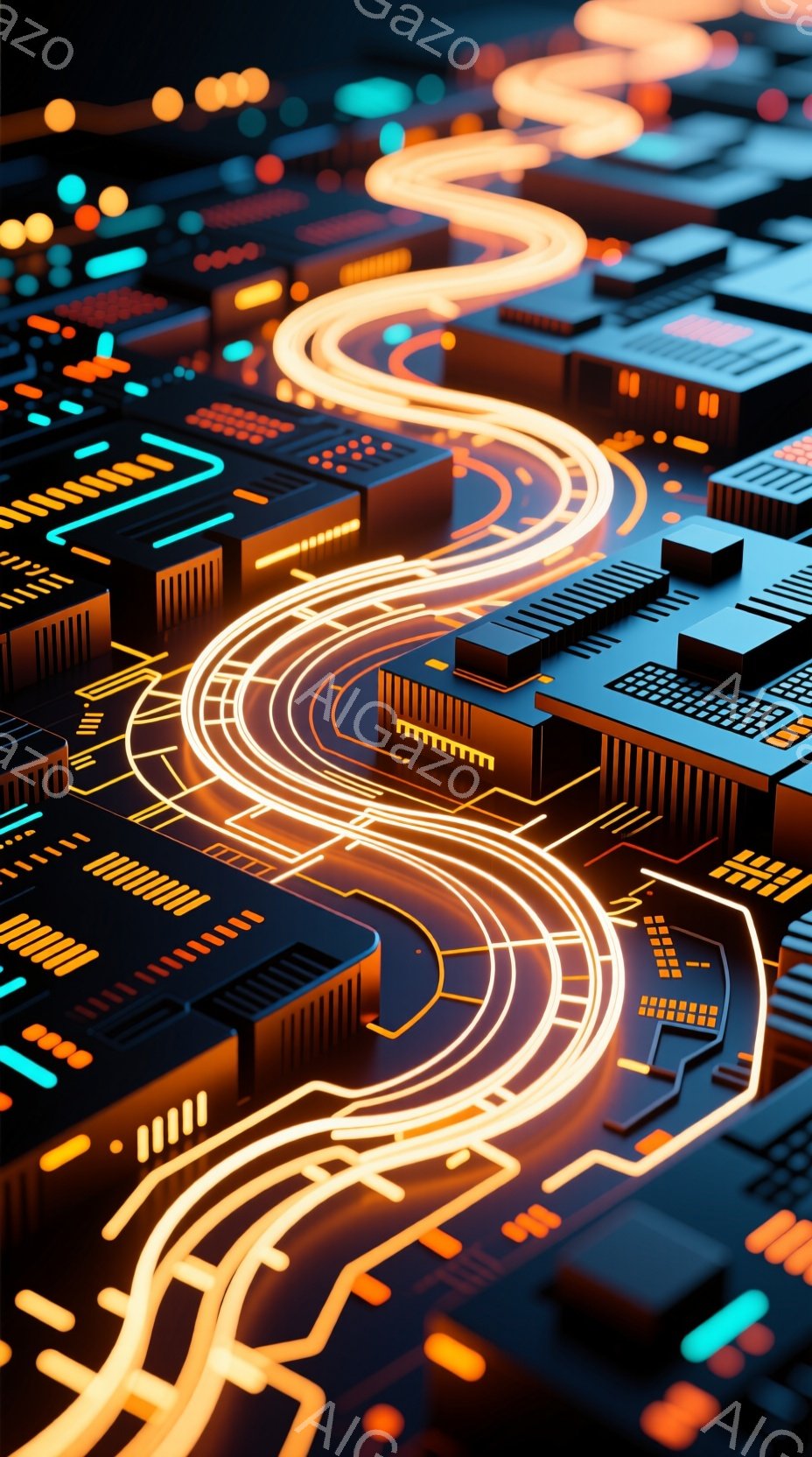 この画像は、未来都市の俯瞰図のような鮮やかな構成です。ネオンライトのような光の線が複雑に交差しながら都市全体を貫通し、建物はミニマルで幾何学的なデザインで構成されています。全体的に、エネルギッシュで躍 - AI生成フリー素材