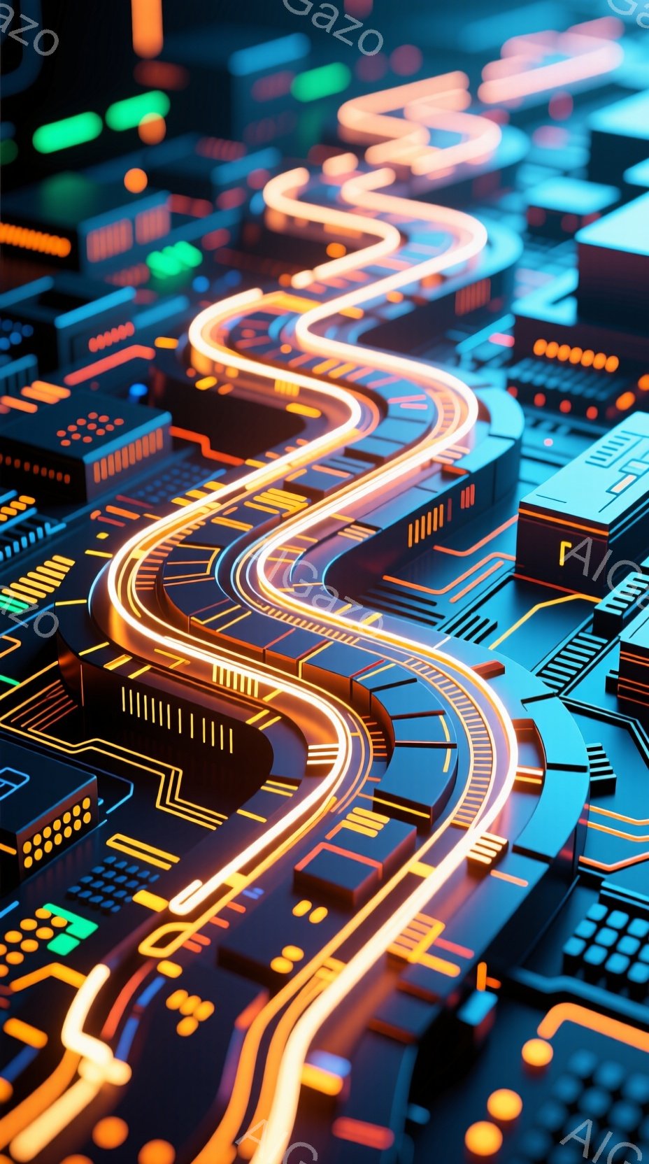 画像は、ネオンライトで照らされた未来的な都市景観を表しています。複雑に絡み合った電子回路のような建物と、それらを繋ぐ光る道が特徴的で、鮮やかなオレンジ、青、緑の色が印象的です。全体的に、高度な技術と未来都市の雰囲気を醸し出しています。