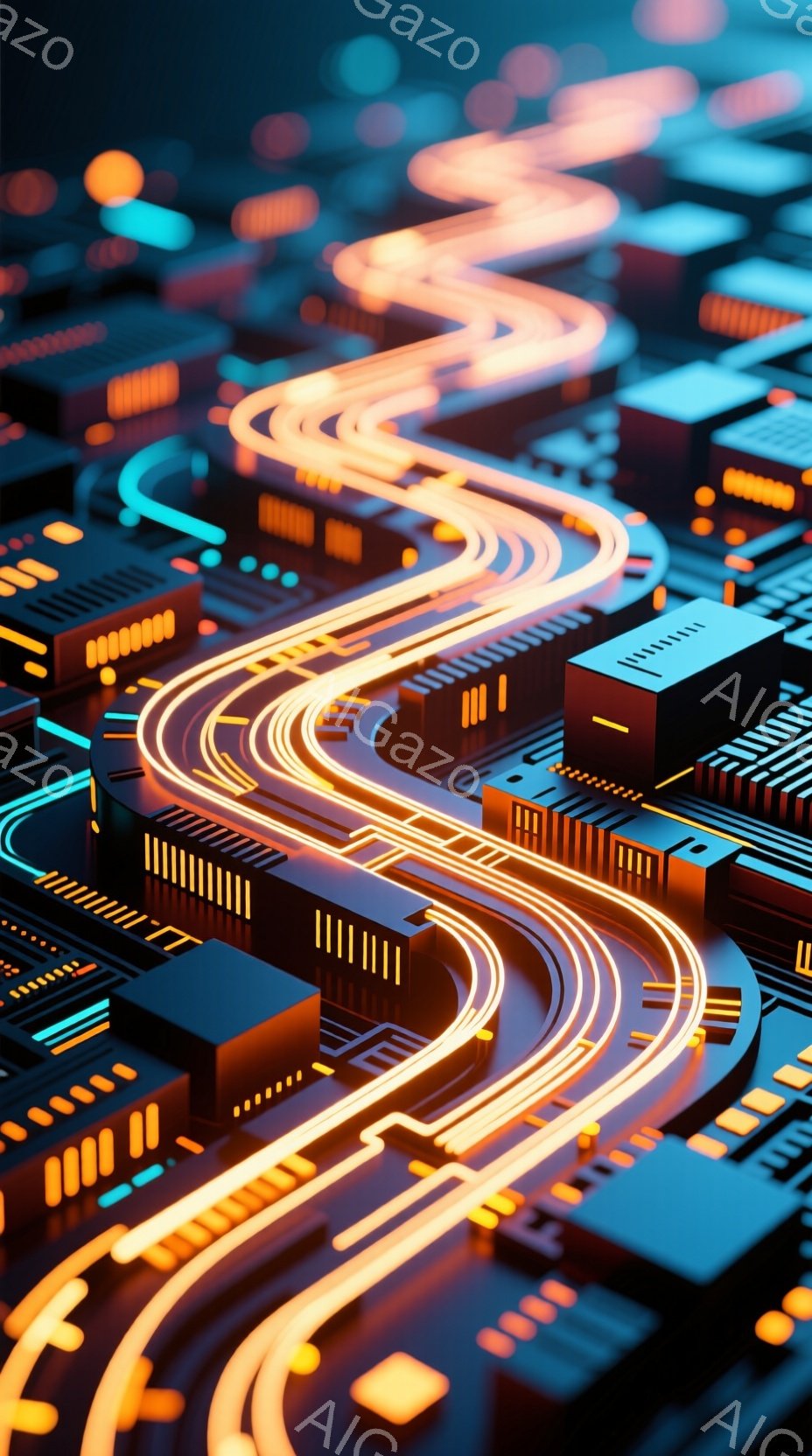 この画像は、電子回路のような背景に、明るいオレンジ色の光の線が蛇行して流れる様子を描いています。細長い建物の様な構造物が規則的に配置されており、未来的な都市の基盤を思わせる、高度なテクノロジーを感じさせる雰囲気です。全体的に暖色系の光が用いられ、近未来的でありながらもどこか温かみのある印象を与えます。