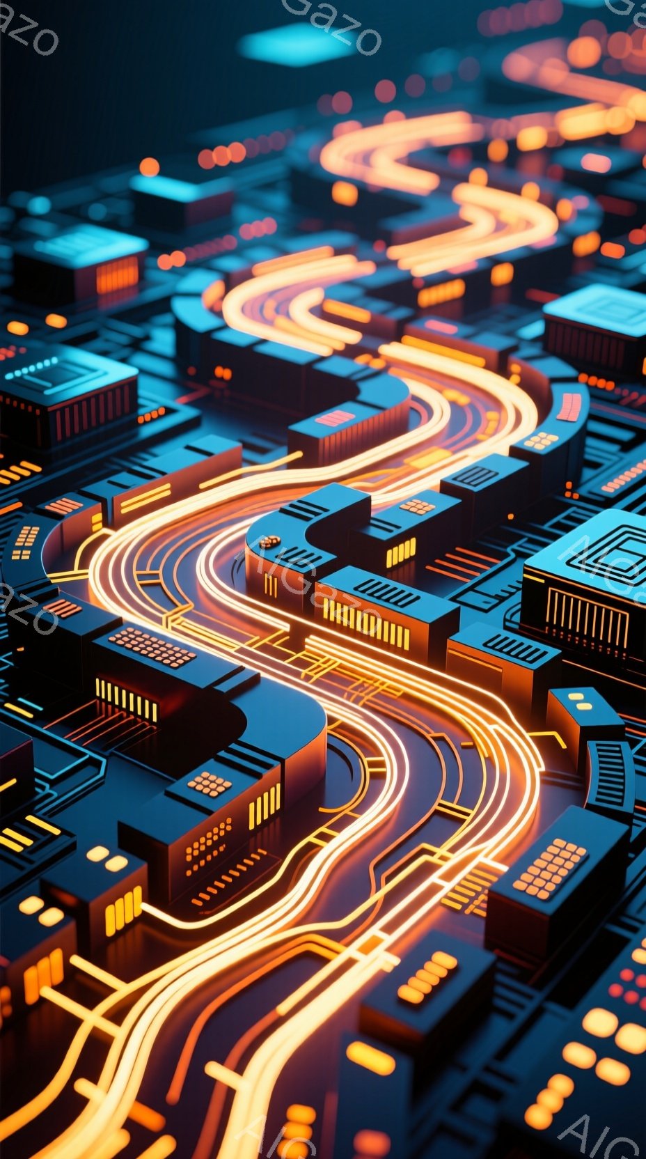 この画像は、未来都市の回路図のような様子を表しています。ネオンカラーの光の線が建物群の間を複雑に走り抜け、まるでエネルギーの流れを視覚化したかのようです。建物は幾何学的な形状で統一されており、全体的にクールでテクノロジー感溢れる雰囲気を醸し出しています。