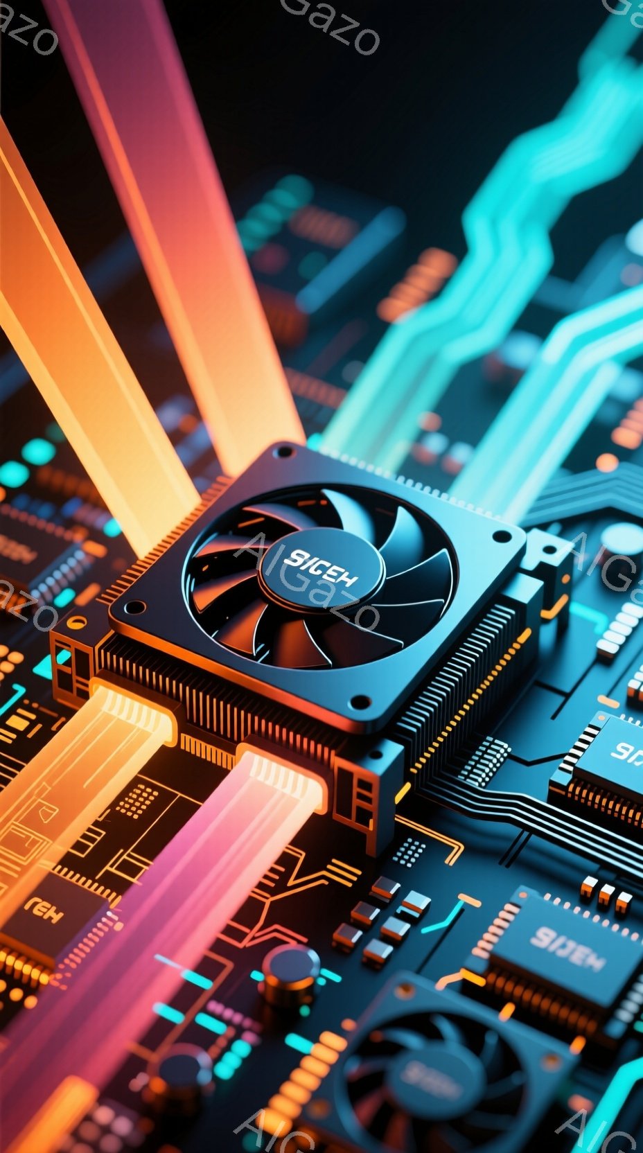 この画像は、複雑な電子回路基板をクローズアップしたものです。鮮やかなネオンカラーの光線が基板を横切り、冷却ファンと様々な電子部品が精密に配置されています。全体的に、近未来的なテクノロジーとエネルギーを感じさせる、鮮やかでダイナミックな雰囲気です。