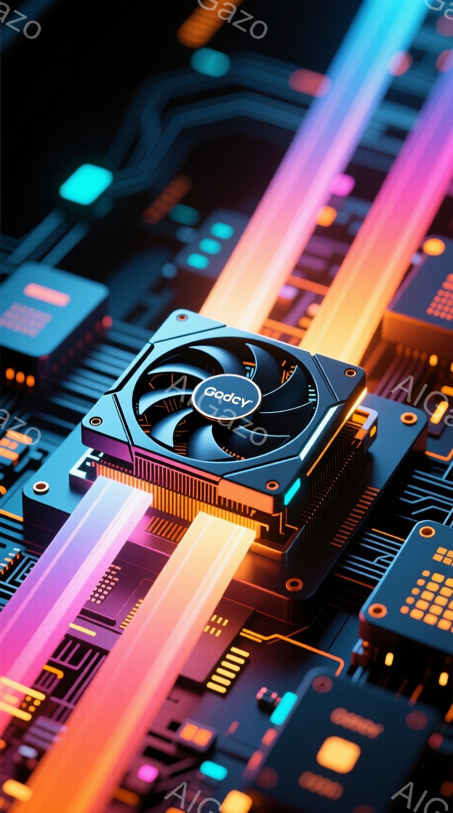 この画像は、コンピューターの内部部品であるCPUクーラーとメモリをクローズアップしたものです。鮮やかなネオンカラーのラインが回路基板上を走り、未来的な雰囲気を作り出しています。冷却ファンの黒と、メモリの銀色の輝きがコントラストをなしており、技術的な美しさを強調しています。