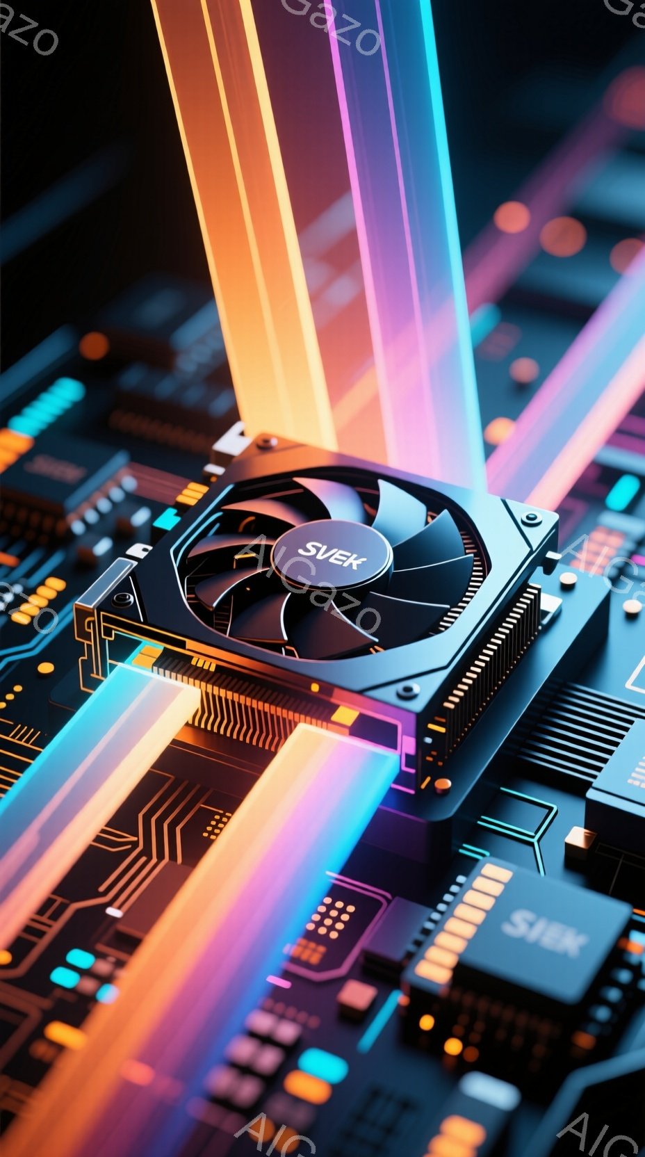 鮮やかなネオンカラーの光線が交差する背景に、黒いヒートシンクとファンを備えたグラフィックボードが配置されています。基板の複雑な回路が光に照らされ、未来的なテクノロジーの印象を与えます。全体的に、高性能 - AI生成フリー素材