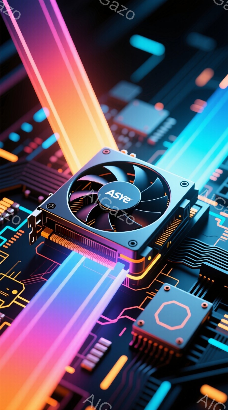 この画像は、鮮やかなネオンカラーの回路基板を背景に、高性能なCPUクーラーが大きく描かれています。クーラーは金属製で、冷却ファンが搭載されており、発光ダイオードの光が回路基板に反射して未来的な雰囲気を醸し出しています。全体的に、高度なテクノロジーとスピード感を強調した画像です。