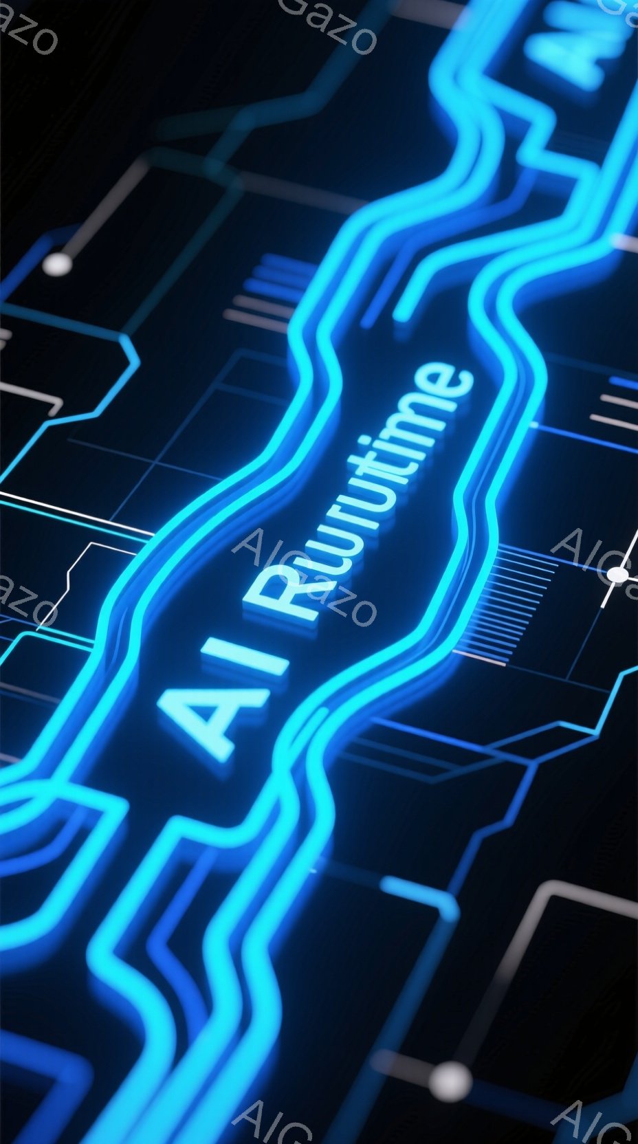 鮮やかな青色の光が流れる回路のような模様が、暗い背景に浮かび上がっています。光の軌跡は複雑に絡み合い、まるでデジタルな神経回路網を思わせる印象を与えます。「AI Runtime」という文字が、光の軌跡の中にぼんやりと浮かび上がっており、人工知能技術の未来的なイメージを強調しています。全体として、未来的でテクノロジー感溢れる雰囲気が漂っています。