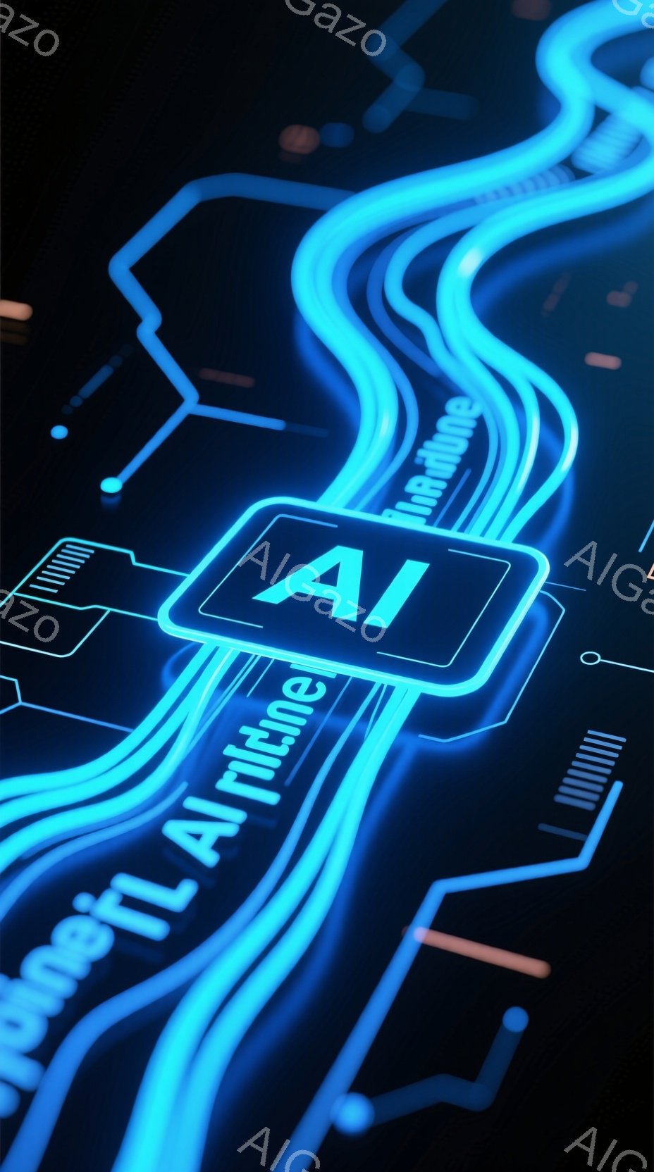 鮮やかな青色の光が流れるサイバーパンク風の背景で、中央には「AI」と書かれた光る長方形のプレートが配置されています。背景には、回路やデータフローを連想させる複雑な線と形状が散りばめられており、近未来的 - AI生成フリー素材