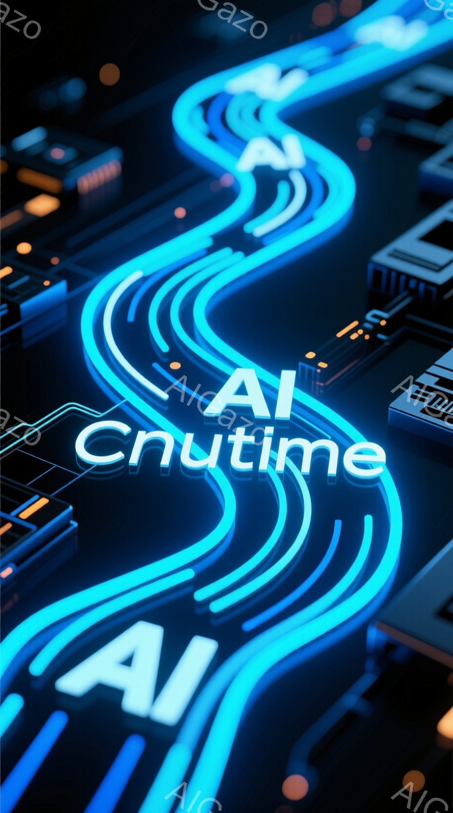 鮮やかなネオンブルーの光が、複雑な回路基板の上を流れるように表現されています。文字「AI」が光の軌跡の中に組み込まれており、未来的なテクノロジーを象徴しています。背景は暗く、光のコントラストが強調され、サイバーパンクな雰囲気を作り出しています。