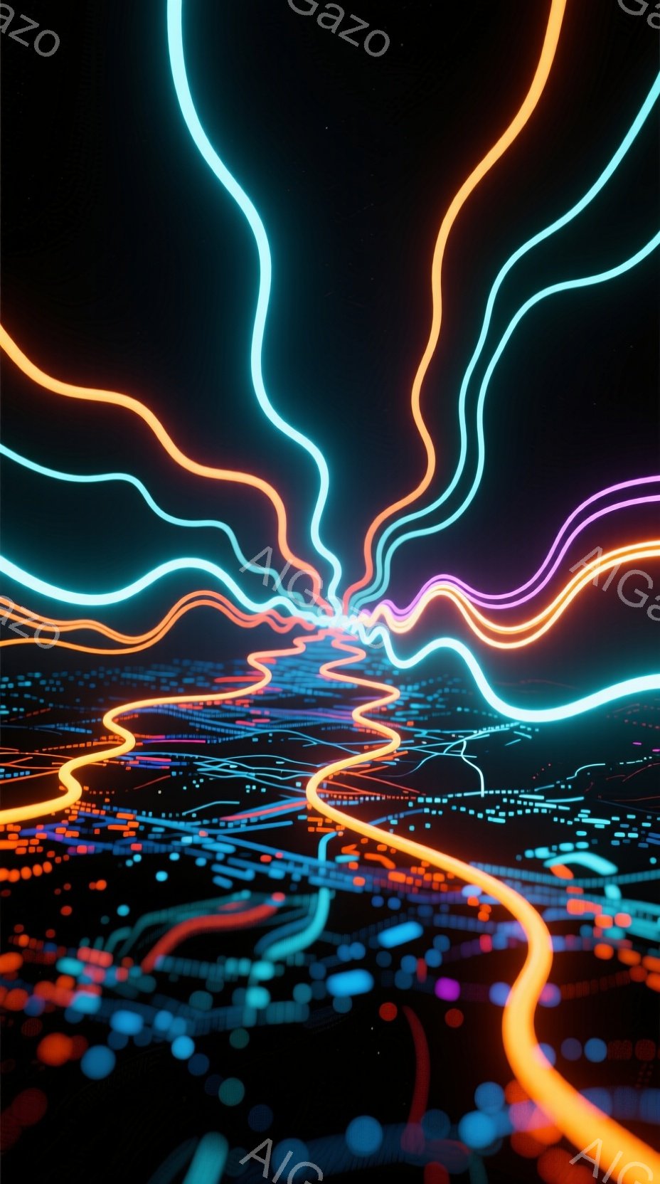 この画像は、暗闇の中に浮かび上がる鮮やかな光の線で構成された抽象的な風景を描いています。地平線のようなものが光の線によって形作られ、その下には無数の小さな光点のようなものが、まるで都市の夜景のように広 - AI生成フリー素材