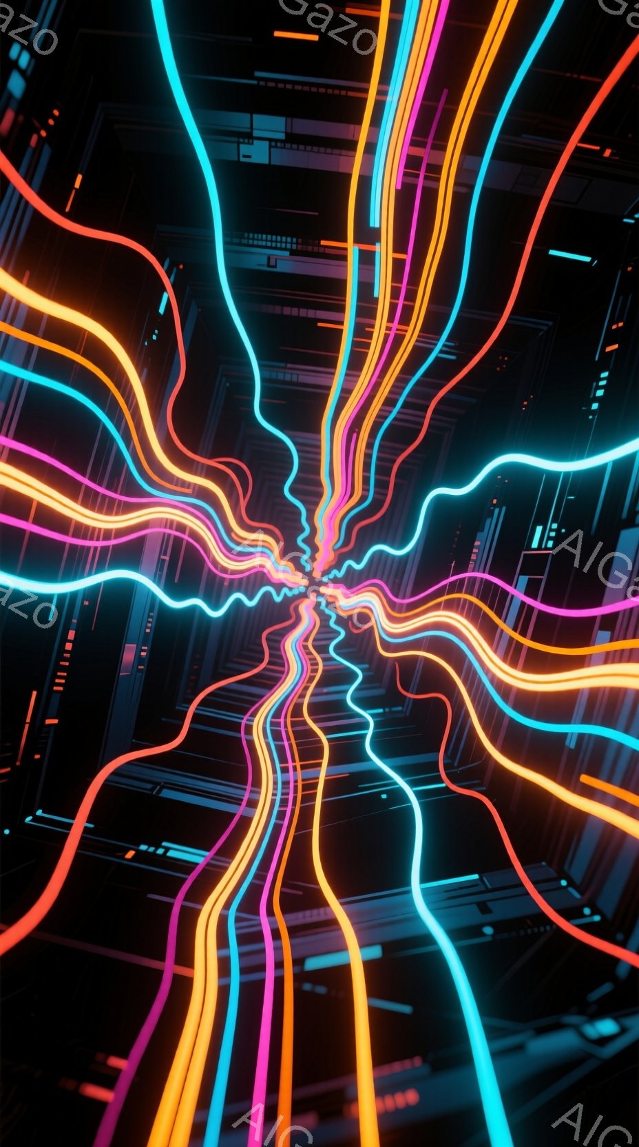 鮮やかなネオンカラーの光線が中心から放射状に広がり、まるでエネルギーの流れや神経回路のような印象を与える画像です。人物は描かれていませんが、光線の集中する場所が顔の輪郭を思わせ、抽象的なポートレートのようにも見えます。背景は暗闇で、光線によって浮かび上がる細かなラインが、未来的な都市や電子回路を連想させます。