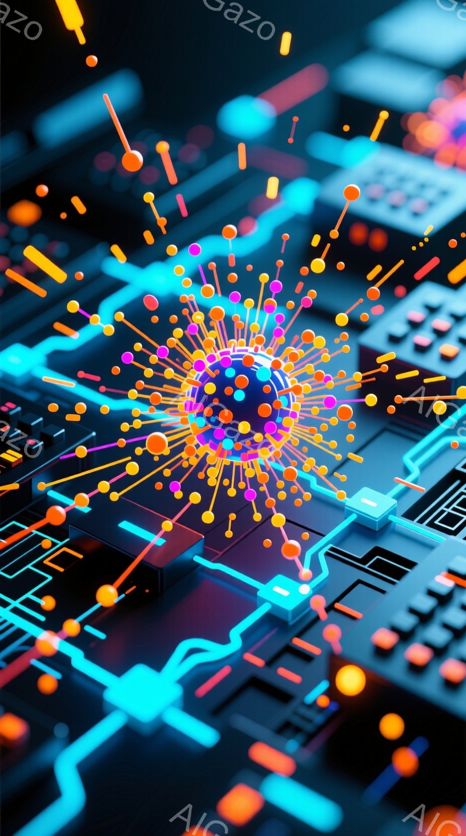 鮮やかな青色の基盤上に、球状の構造物が配置されており、そこから多様な色の突起が放射状に広がっています。基盤は複雑な回路パターンで構成され、オレンジや黄色の小さな発光体が散りばめられ、デジタルな雰囲気を醸し出しています。全体的に、高度なテクノロジーと生命科学が融合したような、近未来的なイメージです。