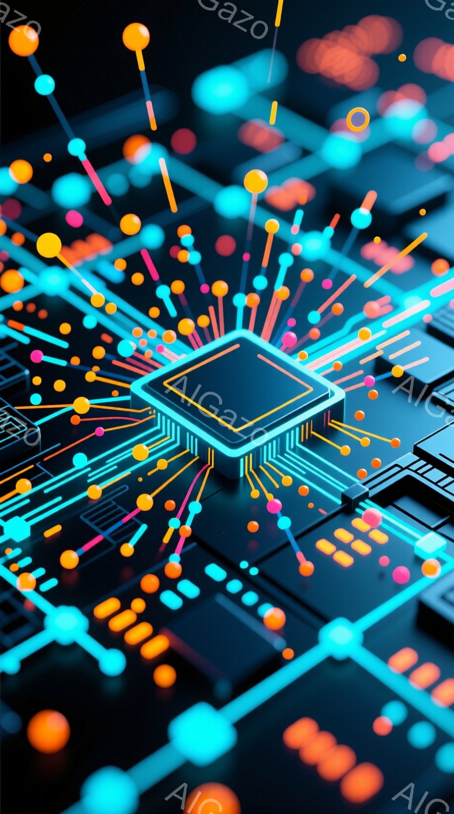 この画像は、中央に配置された黒い半導体チップを中心とした、未来的なデジタル回路の視覚化です。鮮やかなオレンジ、ピンク、水色の線がチップから放射状に広がり、複雑なネットワークを形成しています。背景は暗く、回路の光が際立っており、高科技で革新的な雰囲気を醸し出しています。