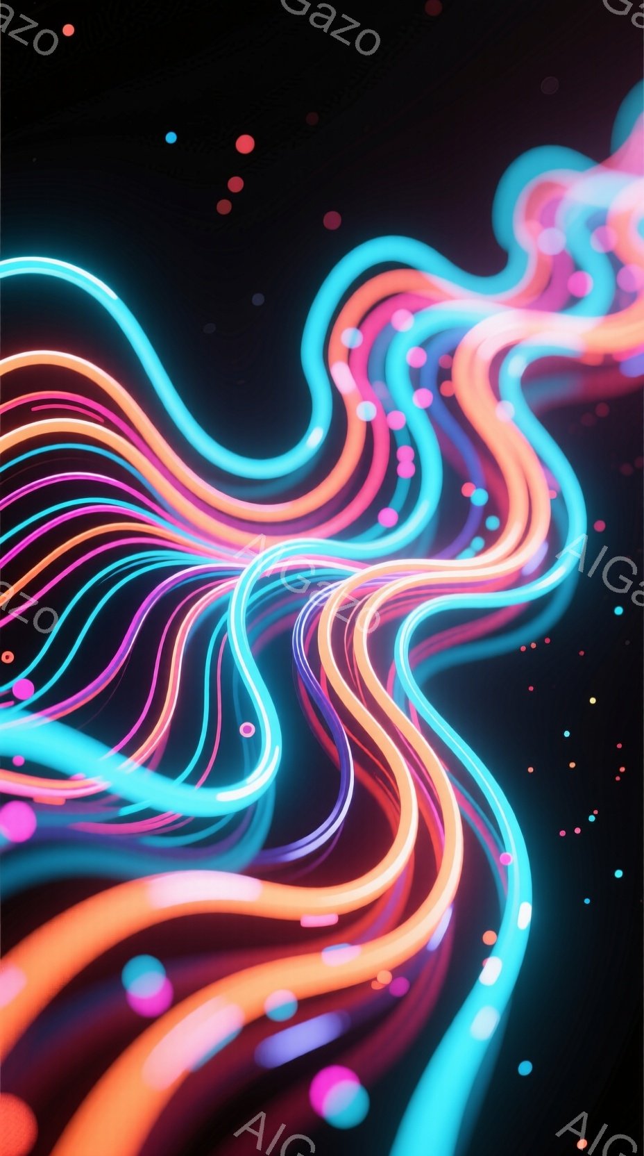 鮮やかなネオンカラーの光の帯が、暗闇の背景をうねるように流れている。光はターコイズブルー、ホットピンク、オレンジ、紫色のグラデーションで、まるでエネルギーの流れやオーロラのような印象を与える。背景は漆黒で、光の帯が際立ち、未来的な雰囲気を醸し出している。