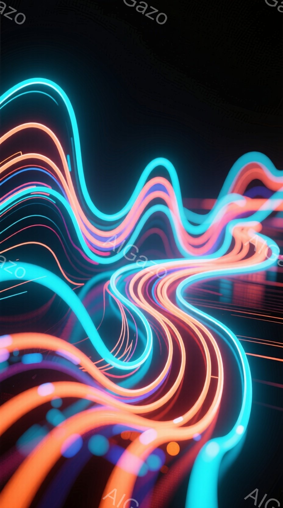 暗闇の中に鮮やかな光の線が渦巻状に広がっている様子が描かれている。オレンジ、ピンク、水色のラインが重なり合い、まるで光の軌跡のような印象を与える。背景は黒く、光のコントラストが際立っており、幻想的で未来的な雰囲気を醸し出している。