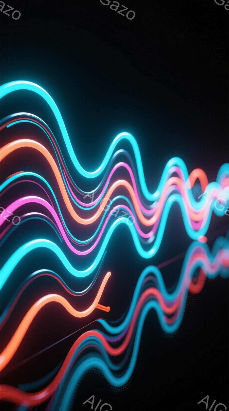 暗い背景に、ネオンカラーの光の線が波打つように流れています。オレンジ、ピンク、水色の線が重なり合い、未来的な雰囲気を作り出しています。光の線は動きがあり、躍動感とエネルギーを感じさせます。 - AI生成フリー素材