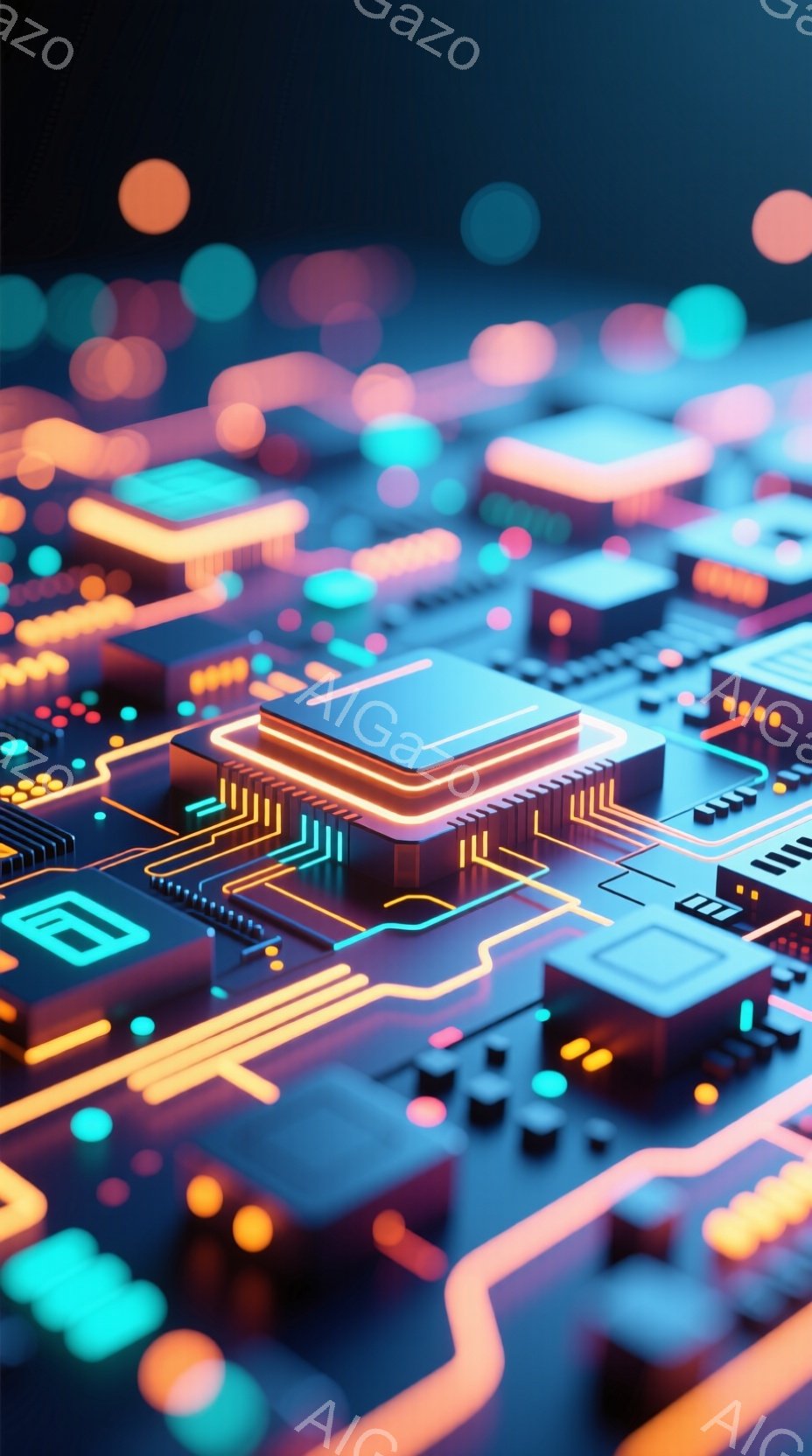 この画像は、複雑な回路基板を鮮やかなネオンカラーで表現したものです。中央には発光するチップが配置され、周囲には細いライン状の配線が網の目のように広がっています。背景は暗く、チップと配線からの光がぼやけ - AI生成フリー素材