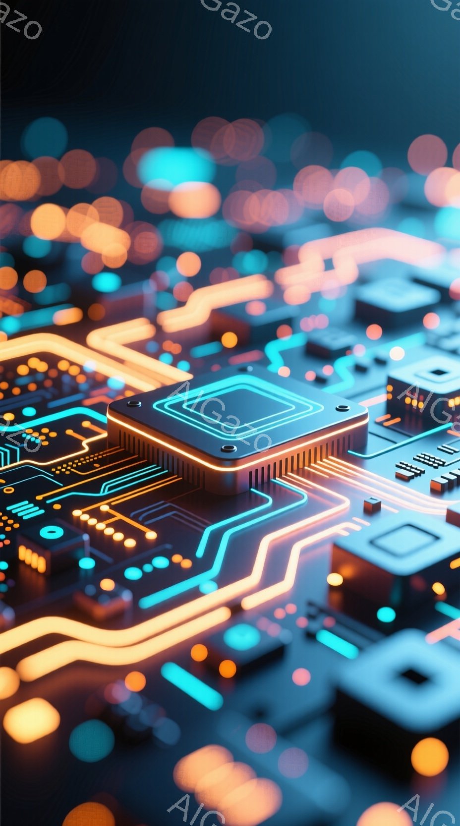 この画像は、回路基板をクローズアップしたもので、鮮やかなネオンカラーのラインが複雑に走り、まるで未来都市の風景のようです。中央には発光するチップが配置され、周囲の回路と調和しています。全体的にテクノロジーとエネルギーを感じさせる、非常に現代的な雰囲気です。