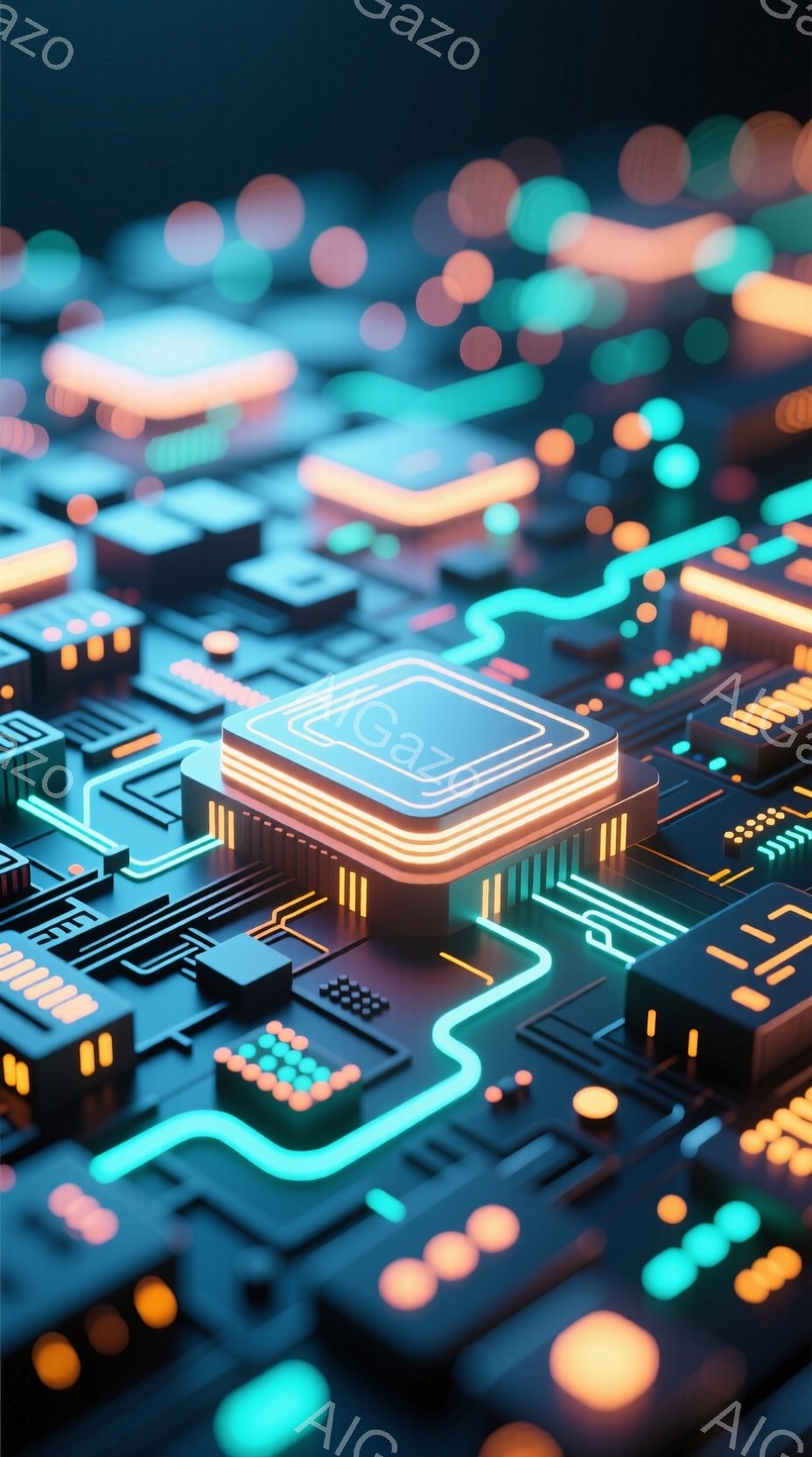 この画像は、複雑な回路基板の精密なレンダリングで、鮮やかなネオンカラーのラインが特徴です。中央には、発光するエッジを持つ銀色の正方形チップが配置され、基板の他の構成要素とのコントラストを生み出していま - AI生成フリー素材